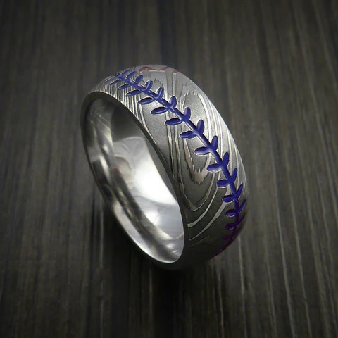Damascus Steel Baseball Men's Ring with Polish Finish - Image 8