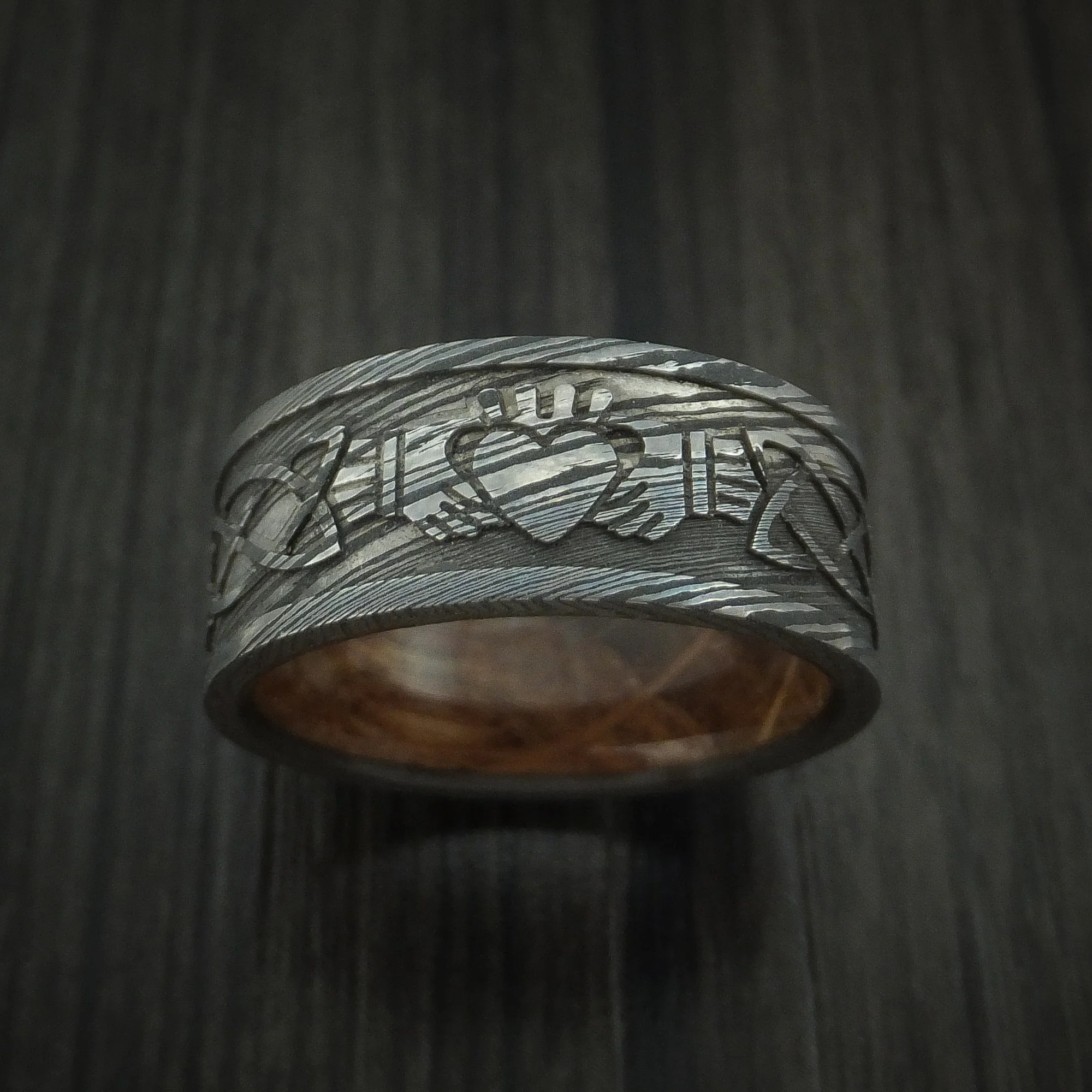 Damascus Steel Celtic Claddagh Men's Ring Design with Hardwood Sleeve - Image 2