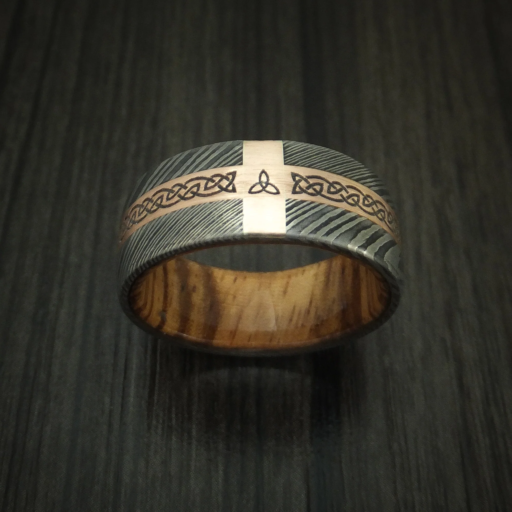 Damascus Steel Celtic Men's Ring With 14K Rose Gold and Hardwood Sleeve Custom Made - Image 2