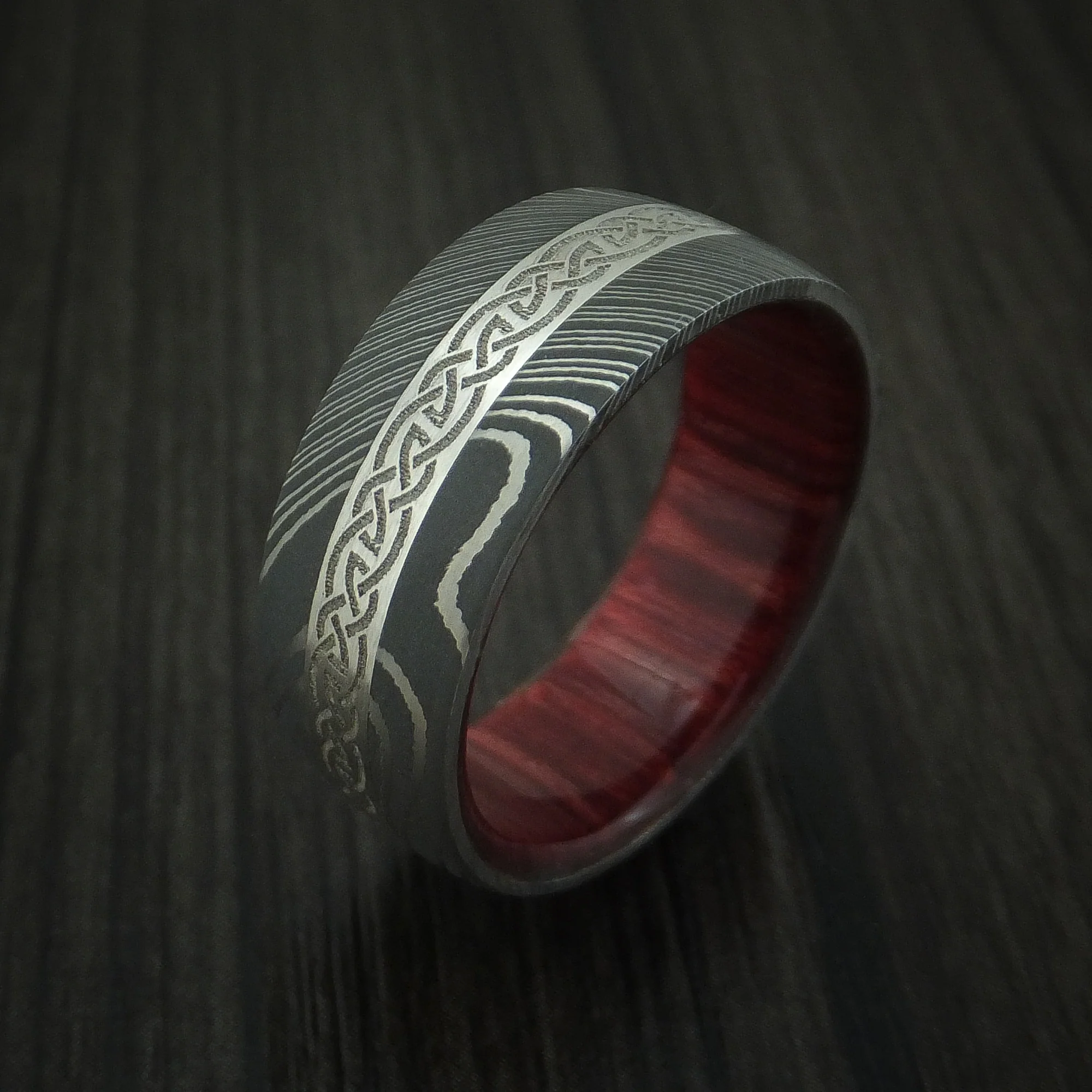 Damascus Steel Celtic Men's Ring With Platinum Inlay And Wood Sleeve Custom Made Band - Image 4