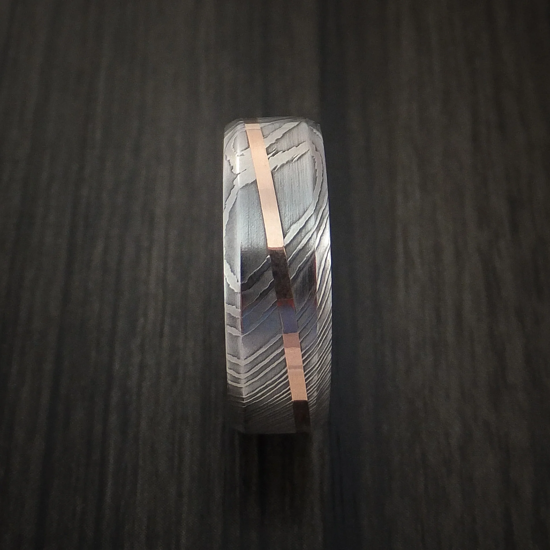 Damascus Steel Diagonal 14K Rose Gold Men's Ring Wedding Band Custom Made - Image 3