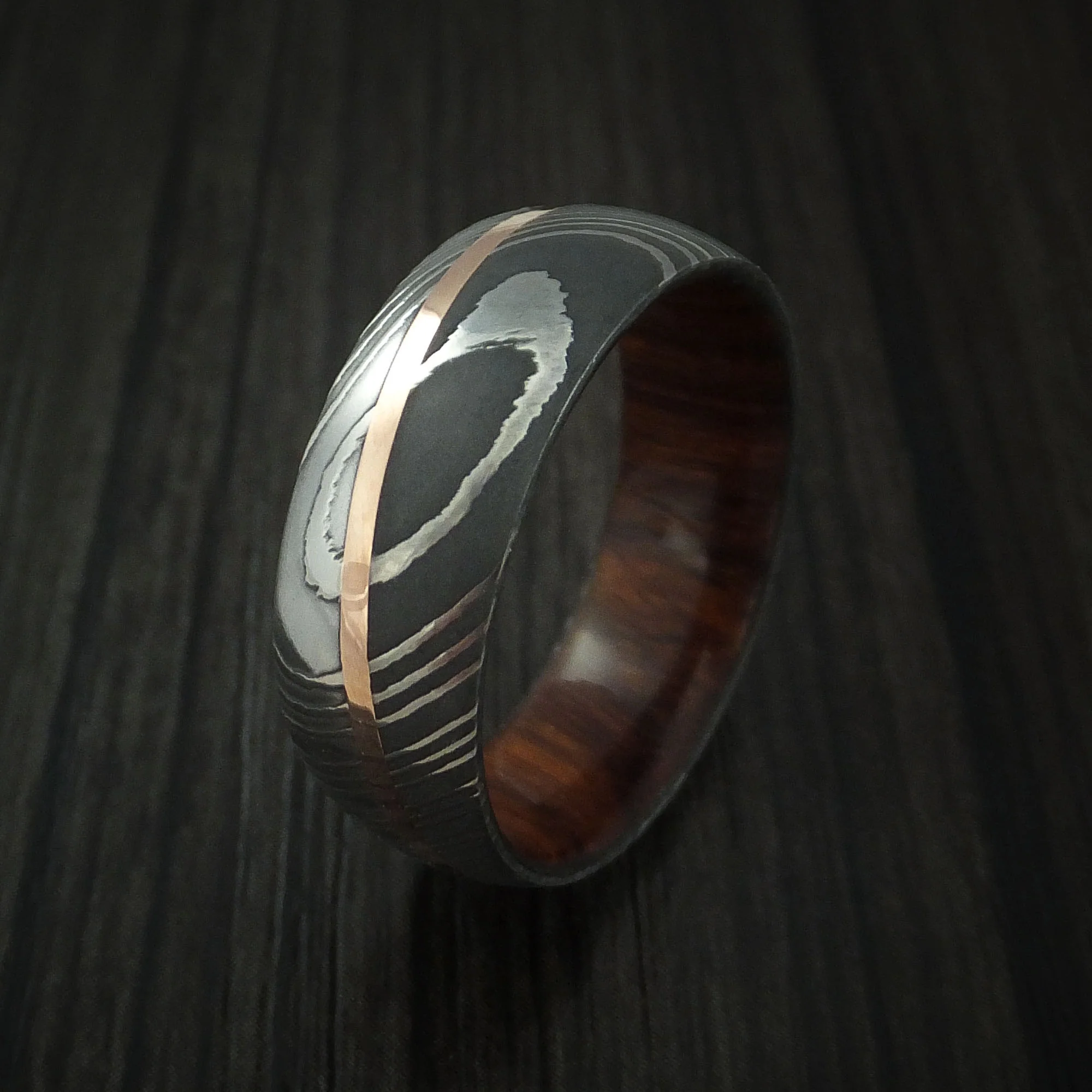 Damascus Steel Diagonal 14K Rose Gold Men's Ring with Hardwood Sleeve Wedding Band Custom Made - Image 4