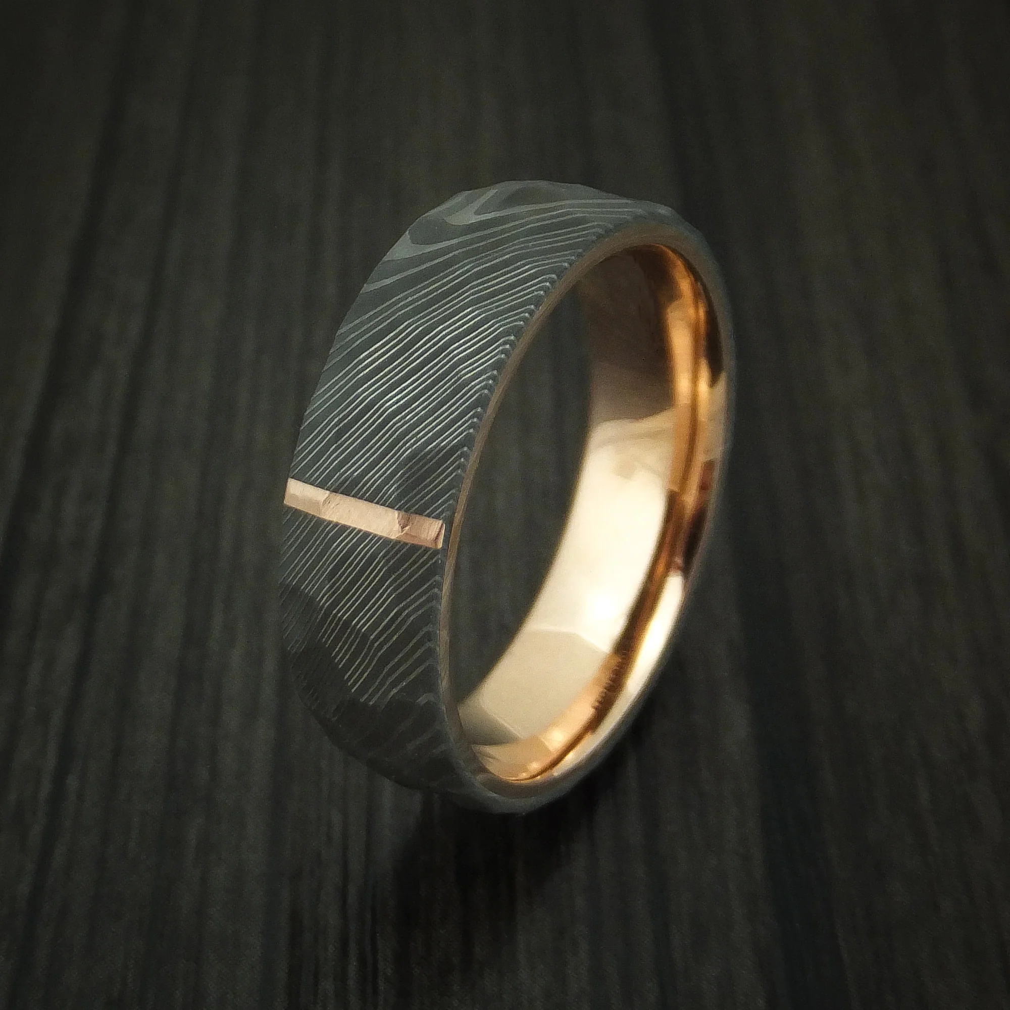 Damascus Steel Hammered Men's Ring with 14K Rose Gold Inlay and Sleeve Custom Made Band - Image 4