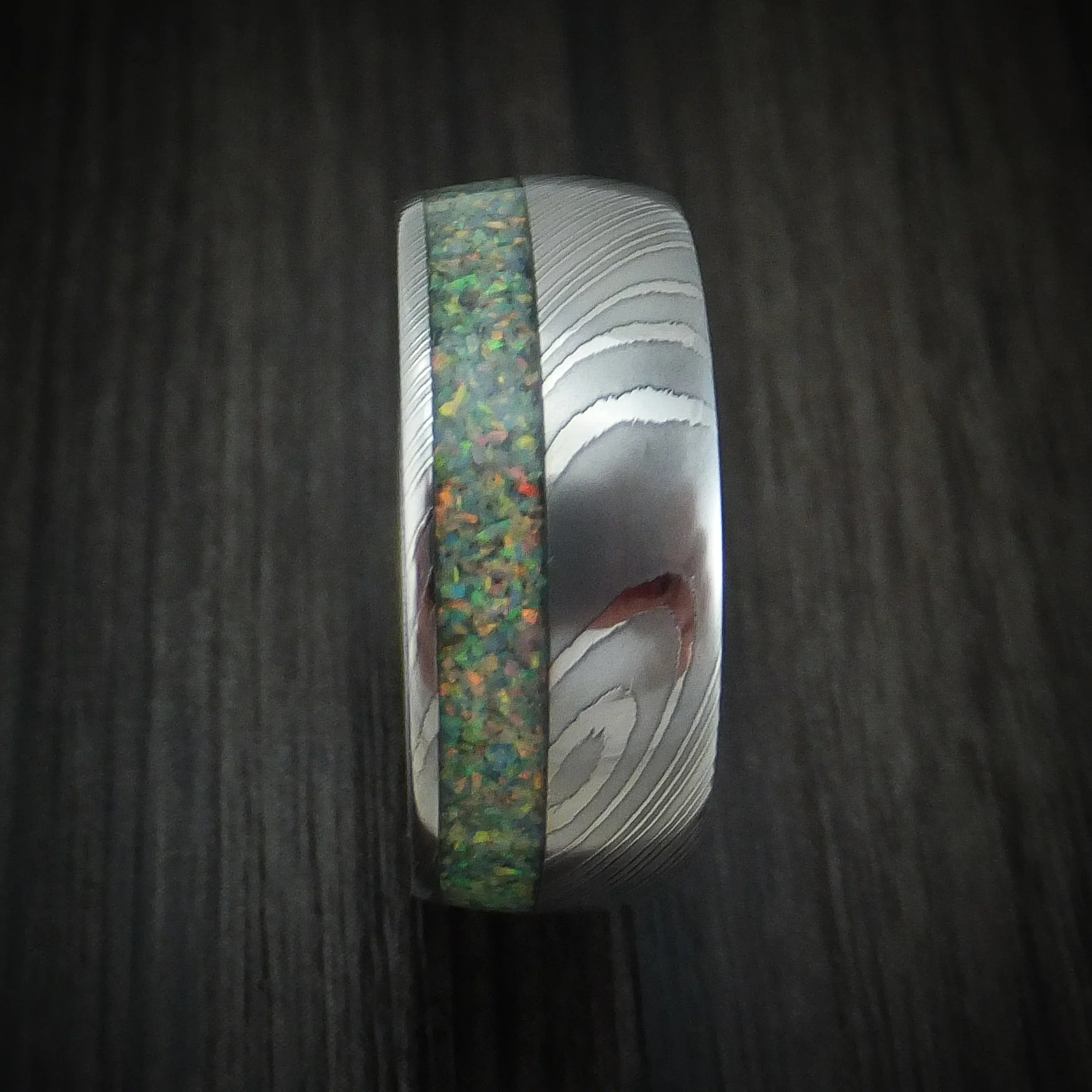 Damascus Steel Opal Men's Ring Custom Made Band - Image 3