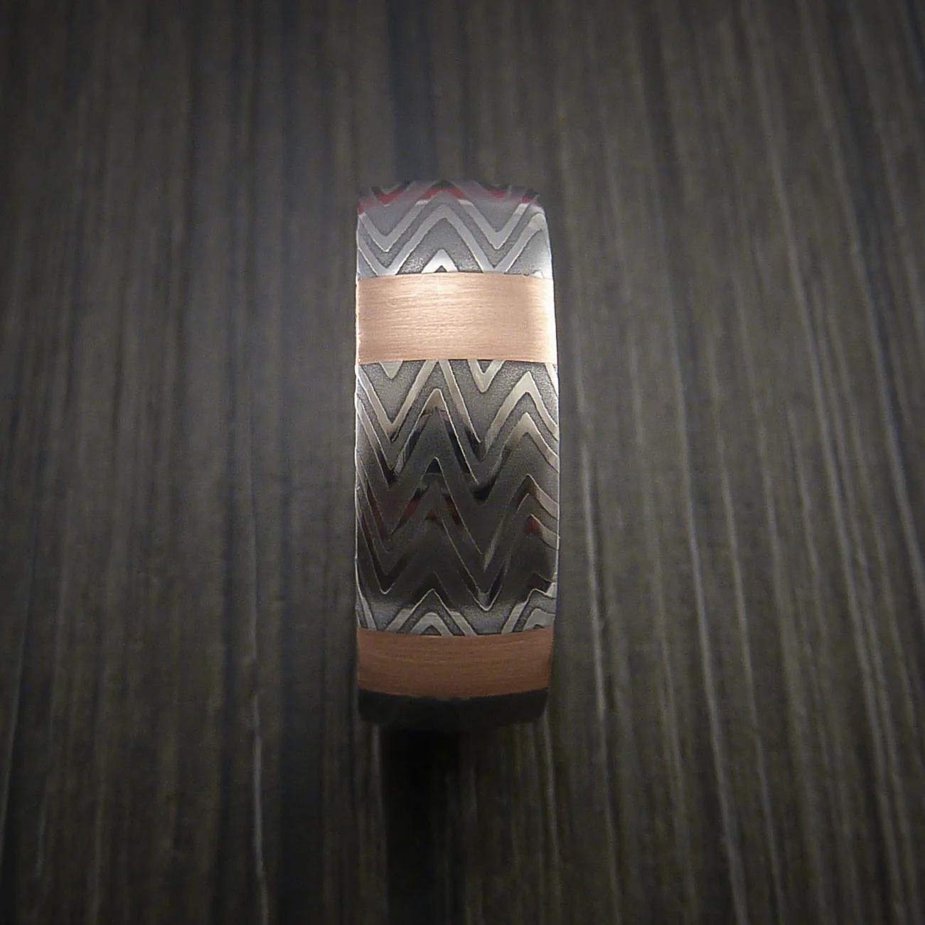 Zebra Damascus Steel Men's Ring and 14k Rose Gold Stripe Pattern Wedding Band - Image 4