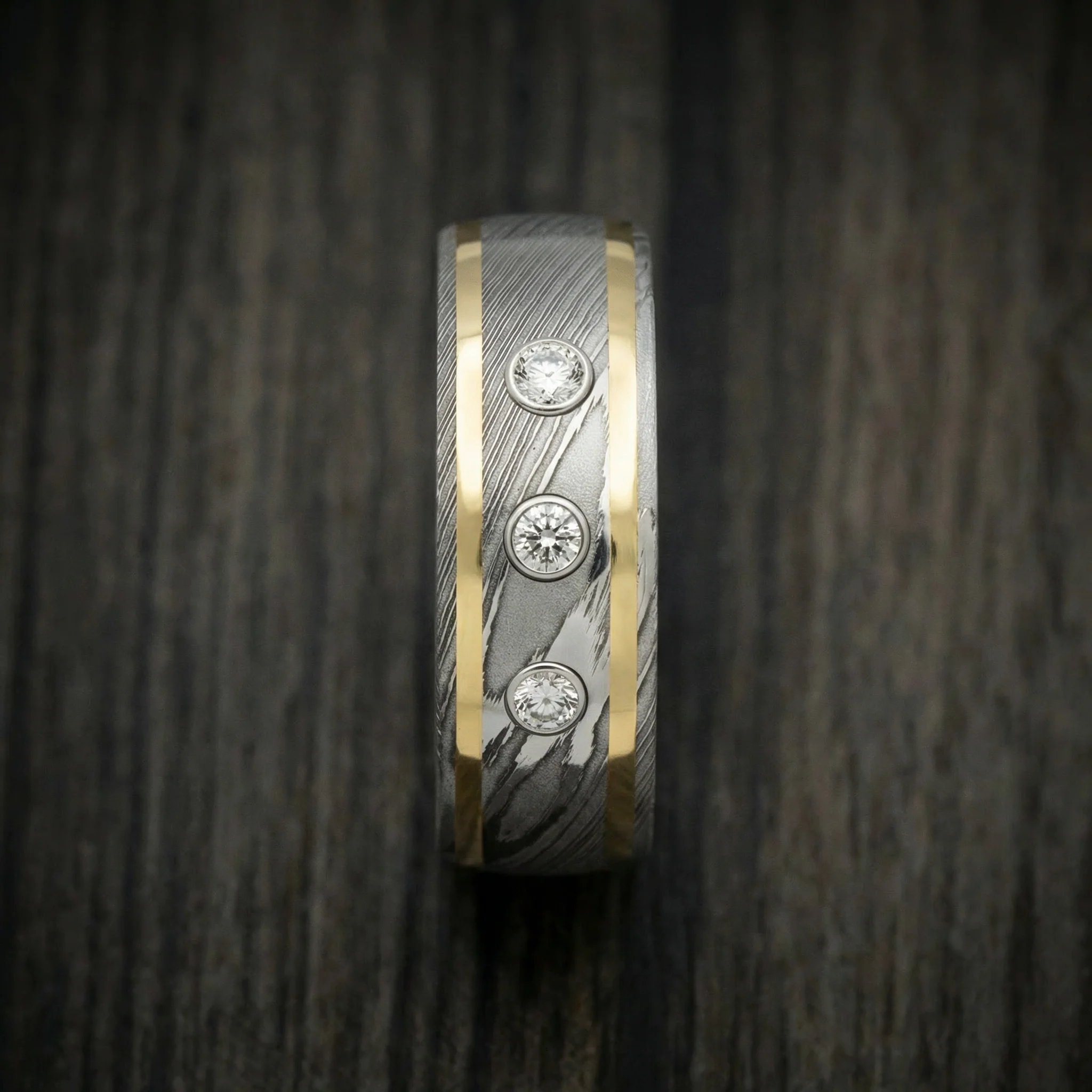 Damascus Steel Ring with 14K Gold Inlays and Lab Diamonds - Image 3