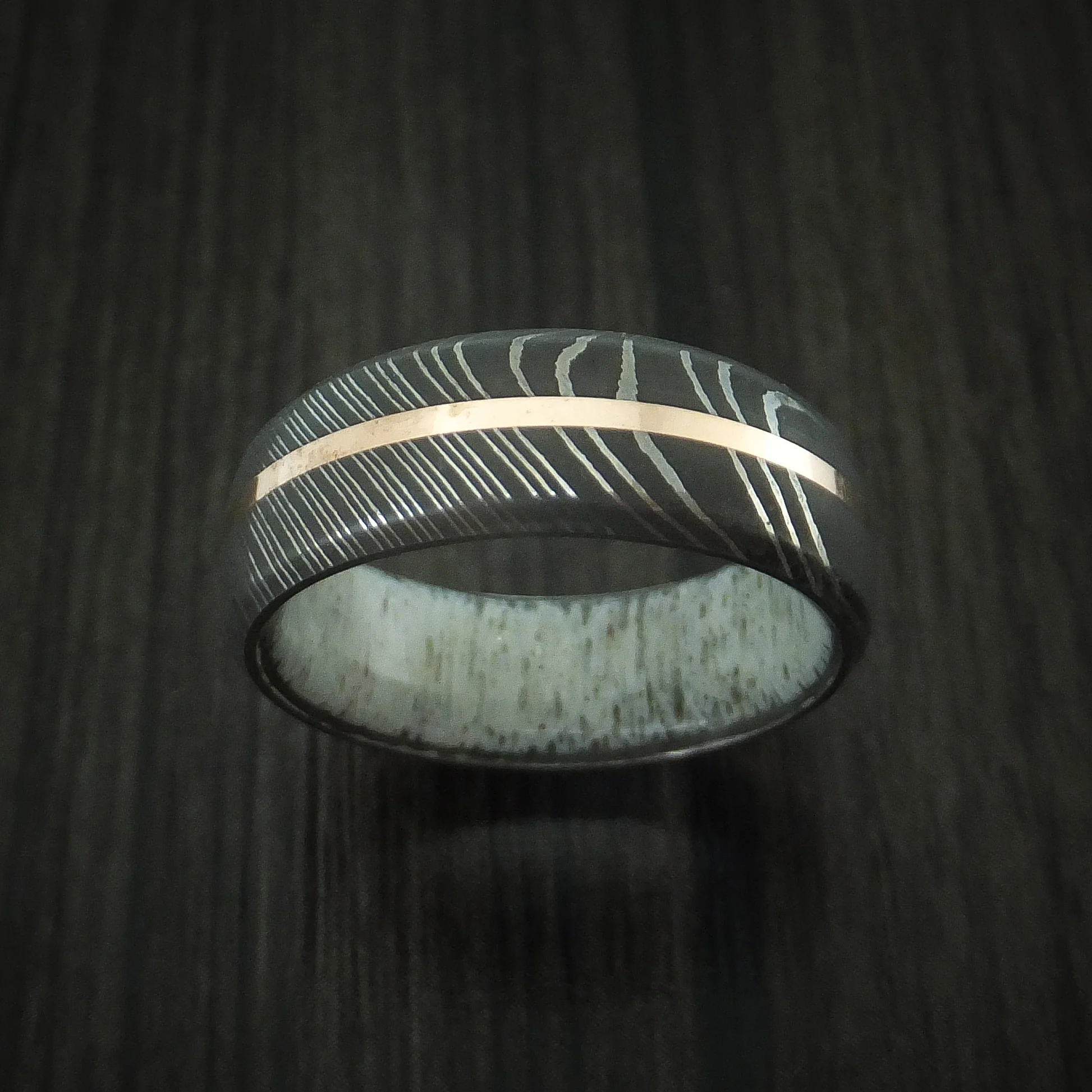 Damascus Steel Men's Ring with 14K Rose Gold Inlay and Antler Sleeve Custom Made Band - Image 2