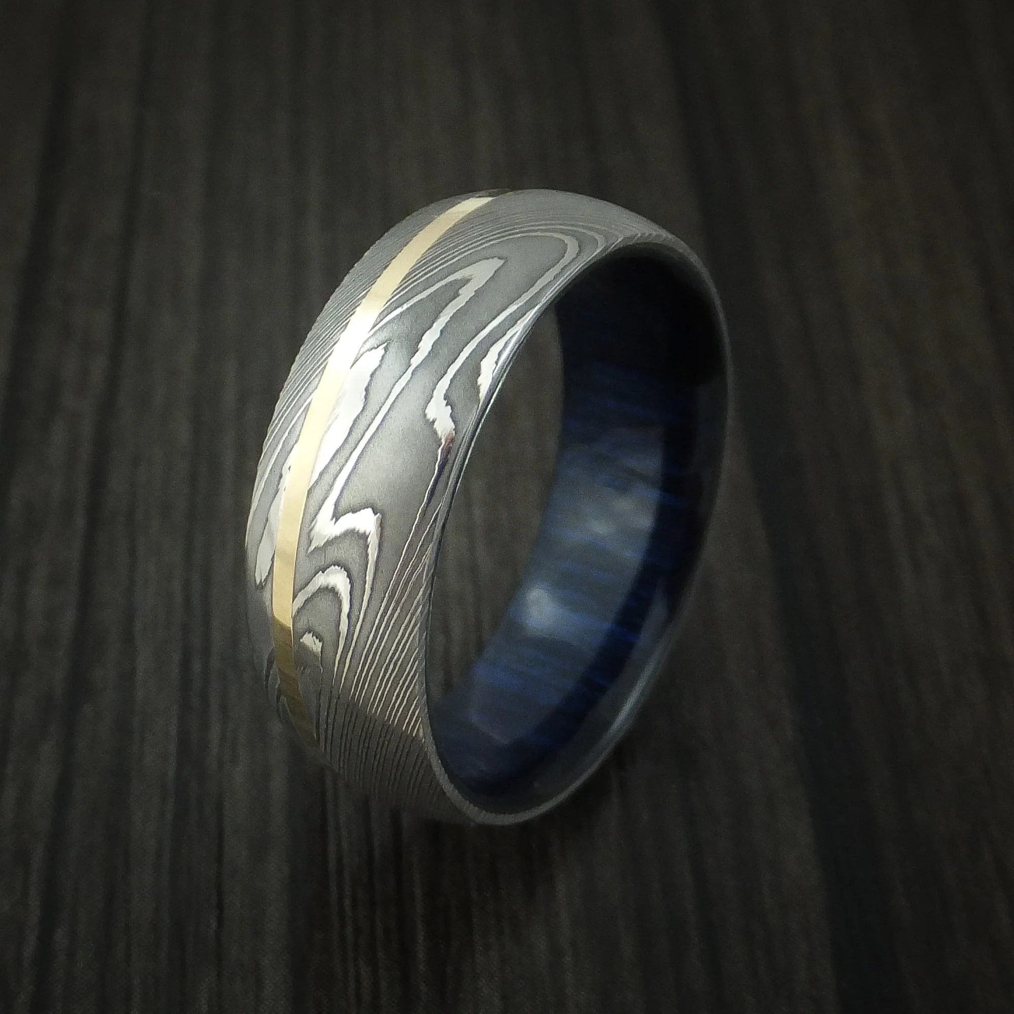 Damascus Steel Men's Ring with 14K Yellow Gold Inlay and Blueberry Wood Hardwood Sleeve Custom Made Wood Band - Image 3