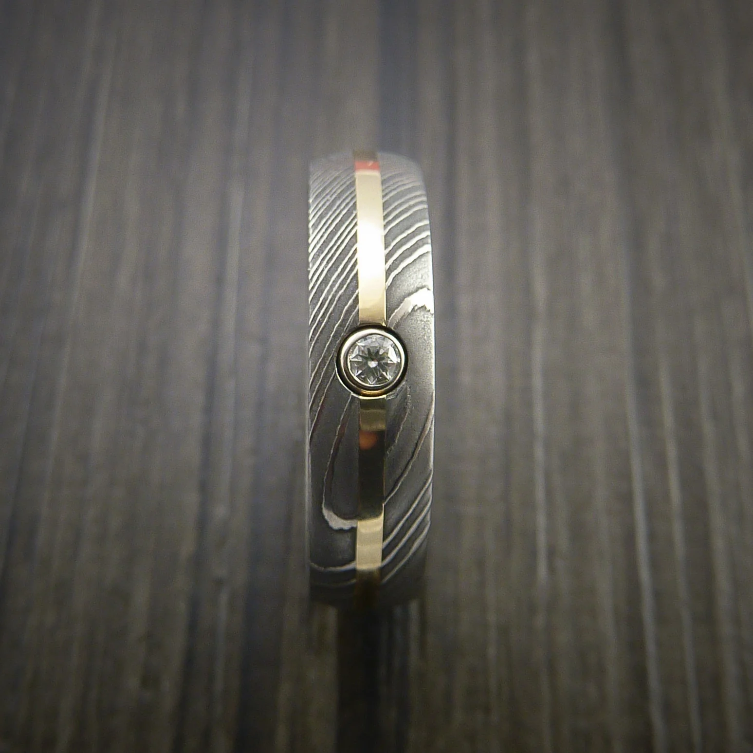 Damascus Steel Men's Ring with 14K Yellow Gold Men's Ring with Diamond Setting Band - Image 3