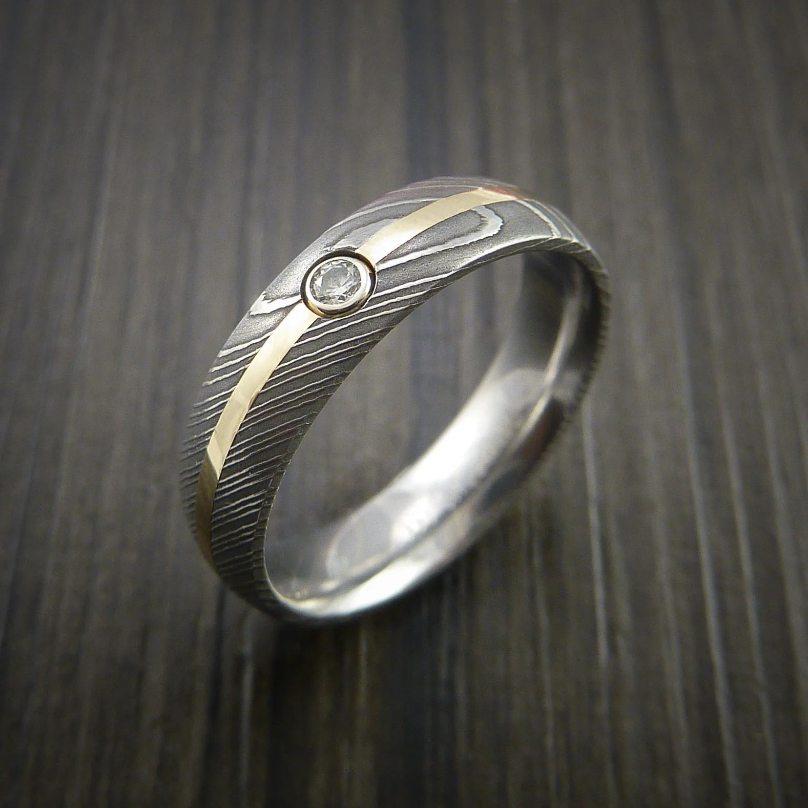 Damascus Steel Men's Ring with 14K Yellow Gold Men's Ring with Diamond Setting Band - Image 4