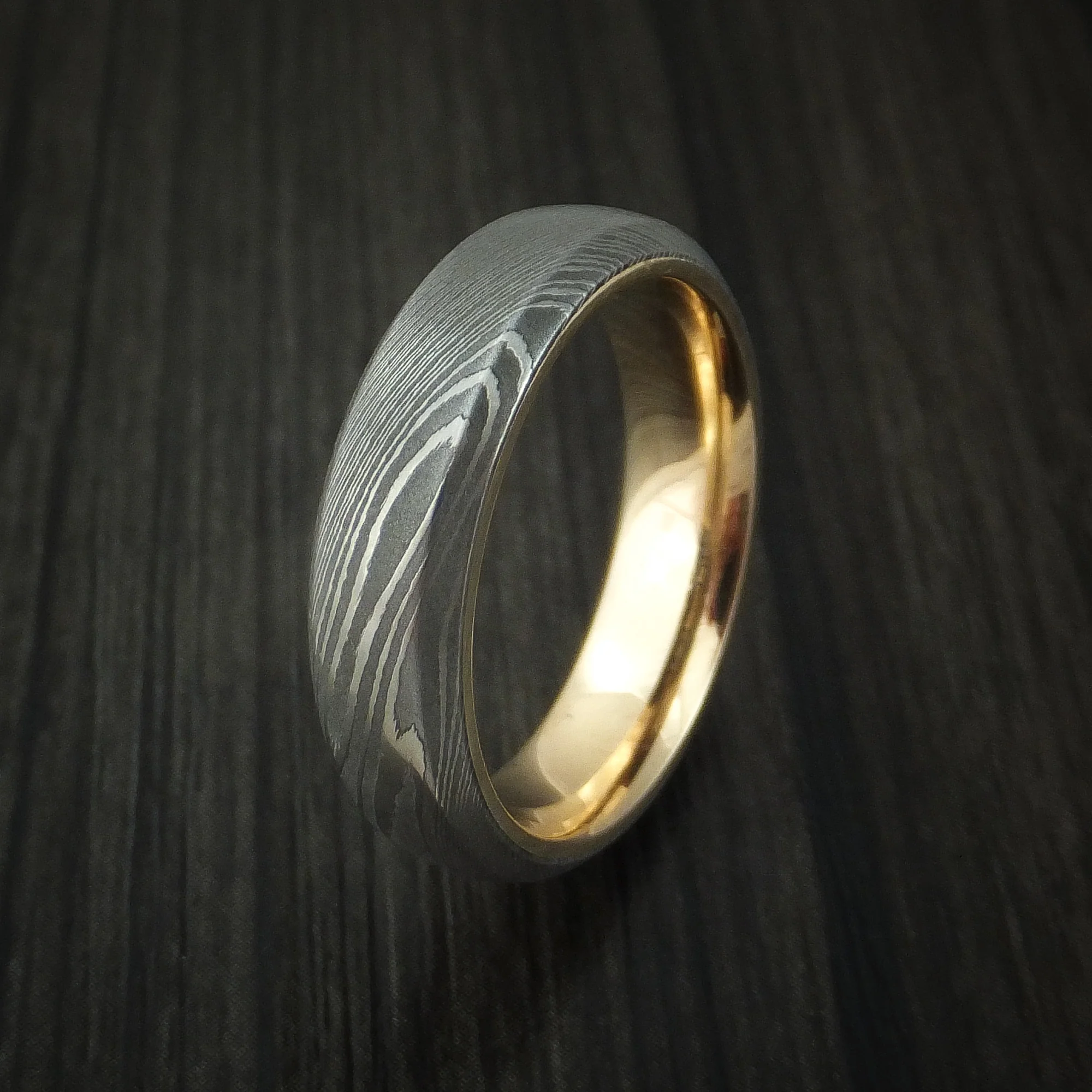 Damascus Steel Men's Ring with 14k Yellow Gold Sleeve Custom Made Band - Image 3