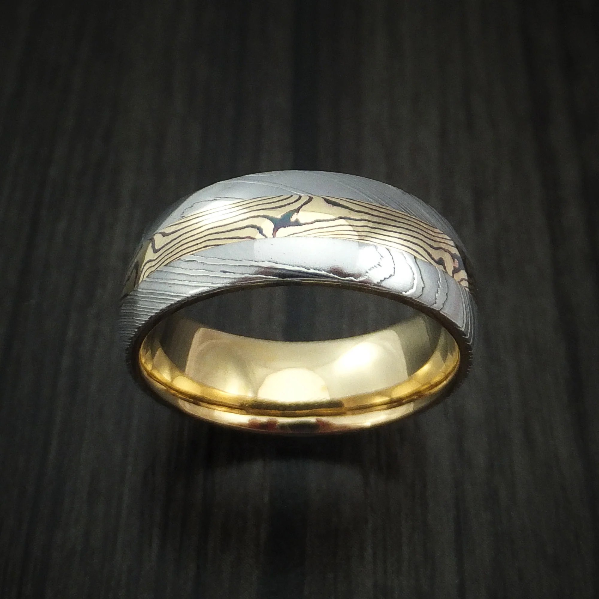 Damascus Steel Men's Ring with 18K Yellow Gold Mokume and 18K Yellow Gold Sleeve Custom Made Band - Image 2