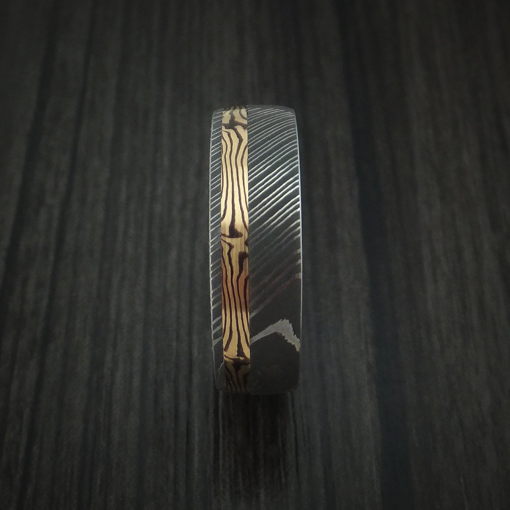 Damascus Steel Men's Ring with 18K Yellow Gold Mokume Shakudo and 14K Yellow Gold Sleeve Custom Made Band - Image 3