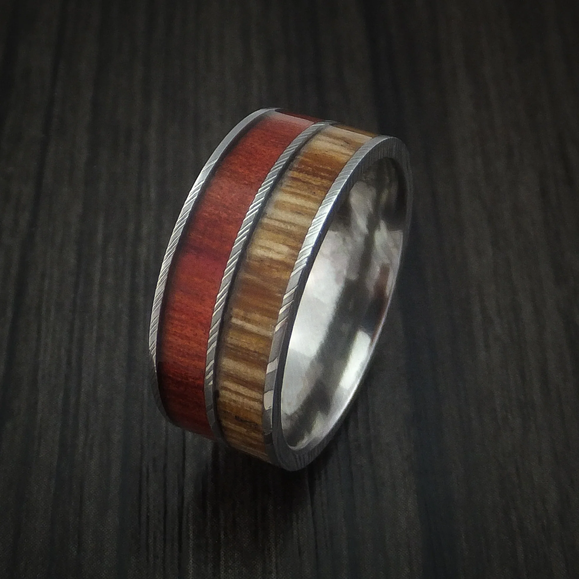 Damascus Steel Men's Ring with Teak and Red Heart Hardwood Inlays Custom Made Band - Image 4