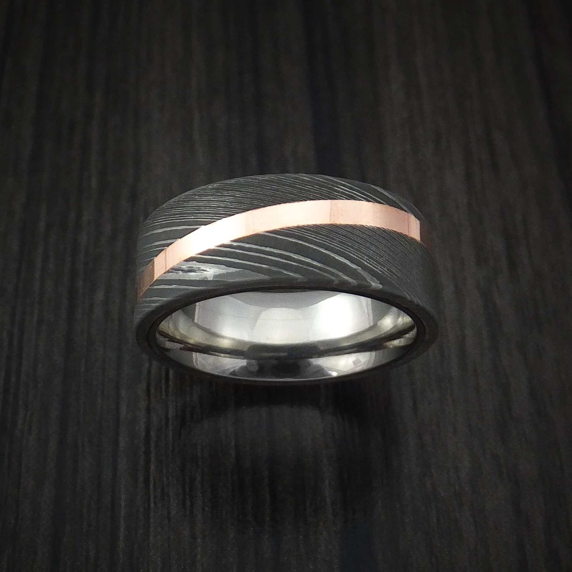 Damascus Steel Men's Ring with Angled Copper Inlay and Titanium Sleeve Custom Made Band - Image 2