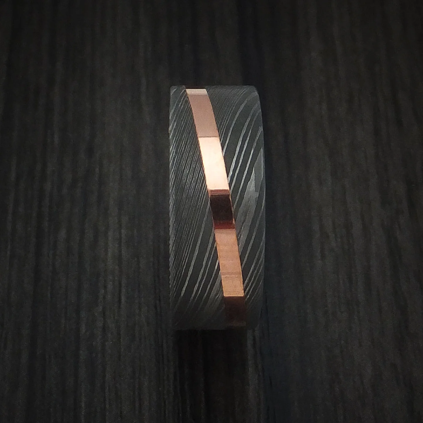Damascus Steel Men's Ring with Angled Copper Inlay and Titanium Sleeve Custom Made Band - Image 3
