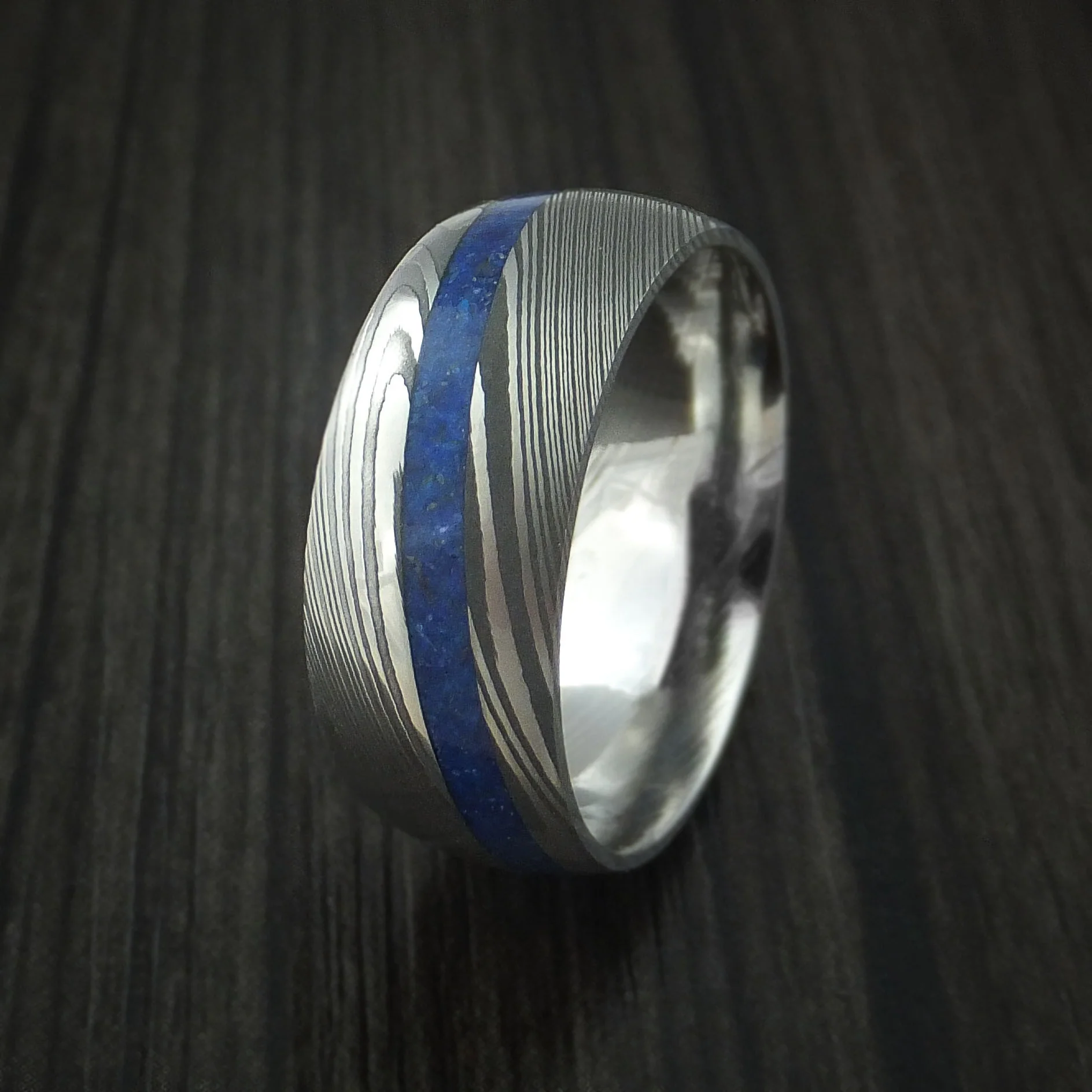 Damascus Steel Men's Ring with Angled Lapis Inlay Custom Made Band - Image 3