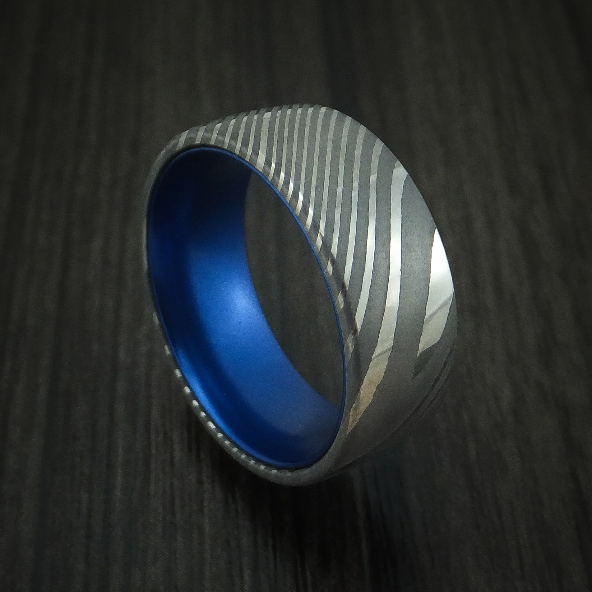 Damascus Steel Men's Ring with Anodized Sleeve Custom Made