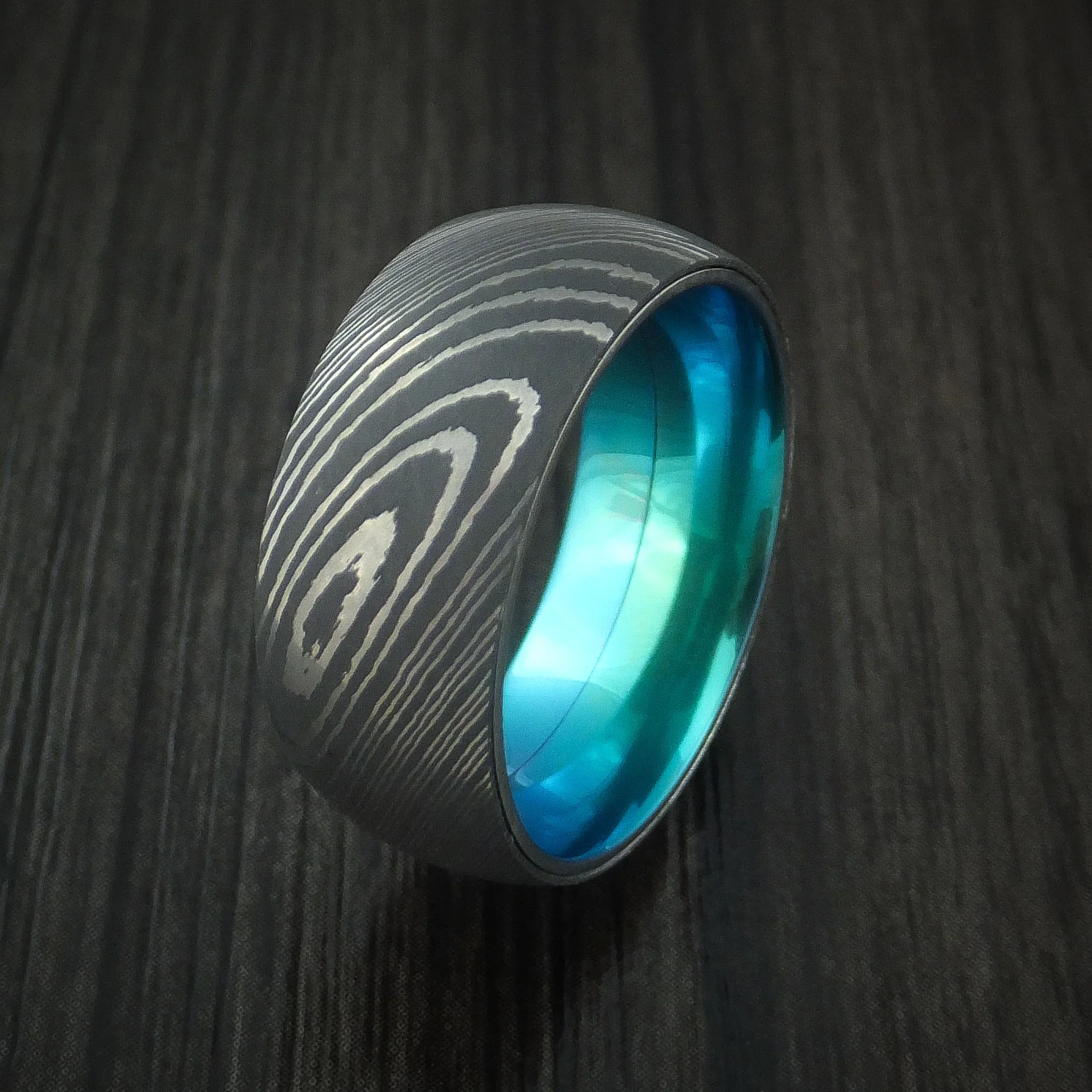 Damascus Steel Men's Ring with Anodized Titanium Interior Sleeve Custom Made - Image 4