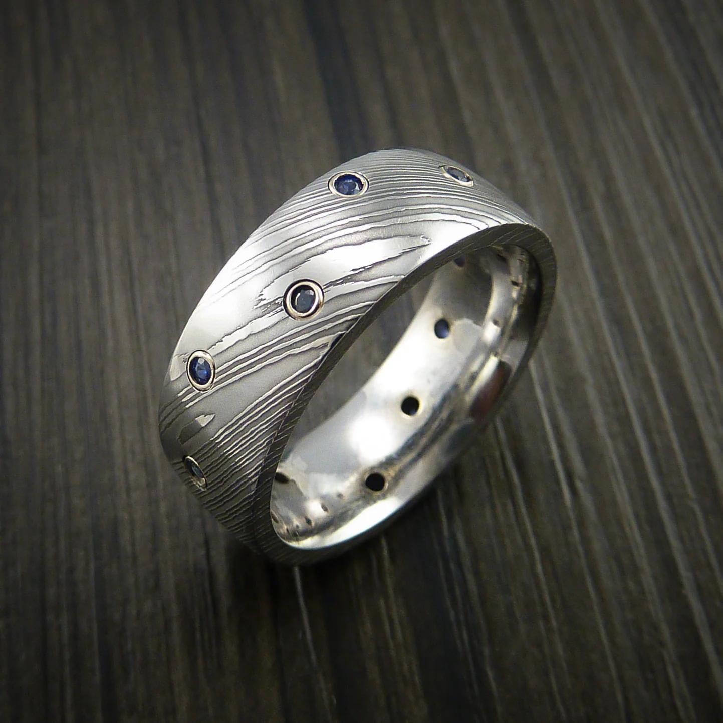 Damascus Steel Men's Ring with Bezel Set Blue Sapphires Custom Band - Image 4