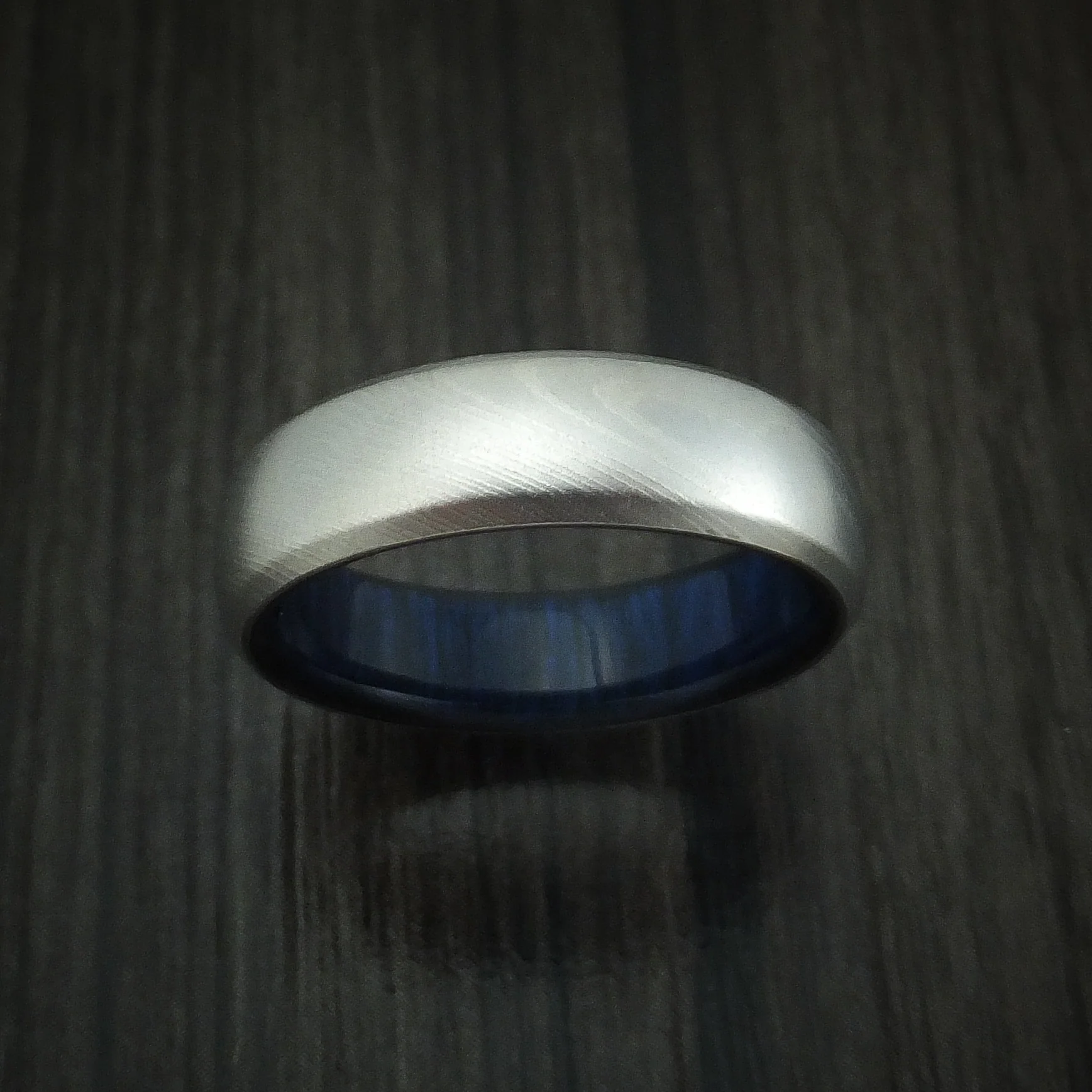 Damascus Steel Men's Ring with Blueberry Wood Interior Sleeve Custom Made - Image 2