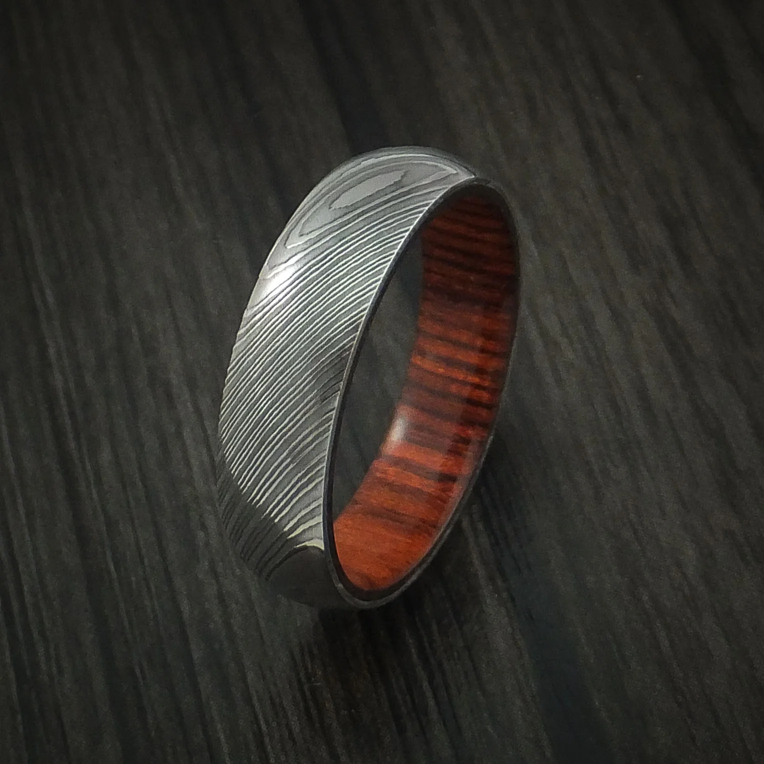 Damascus Steel Men's Ring with Hardwood Interior Sleeve Custom Made - Image 4
