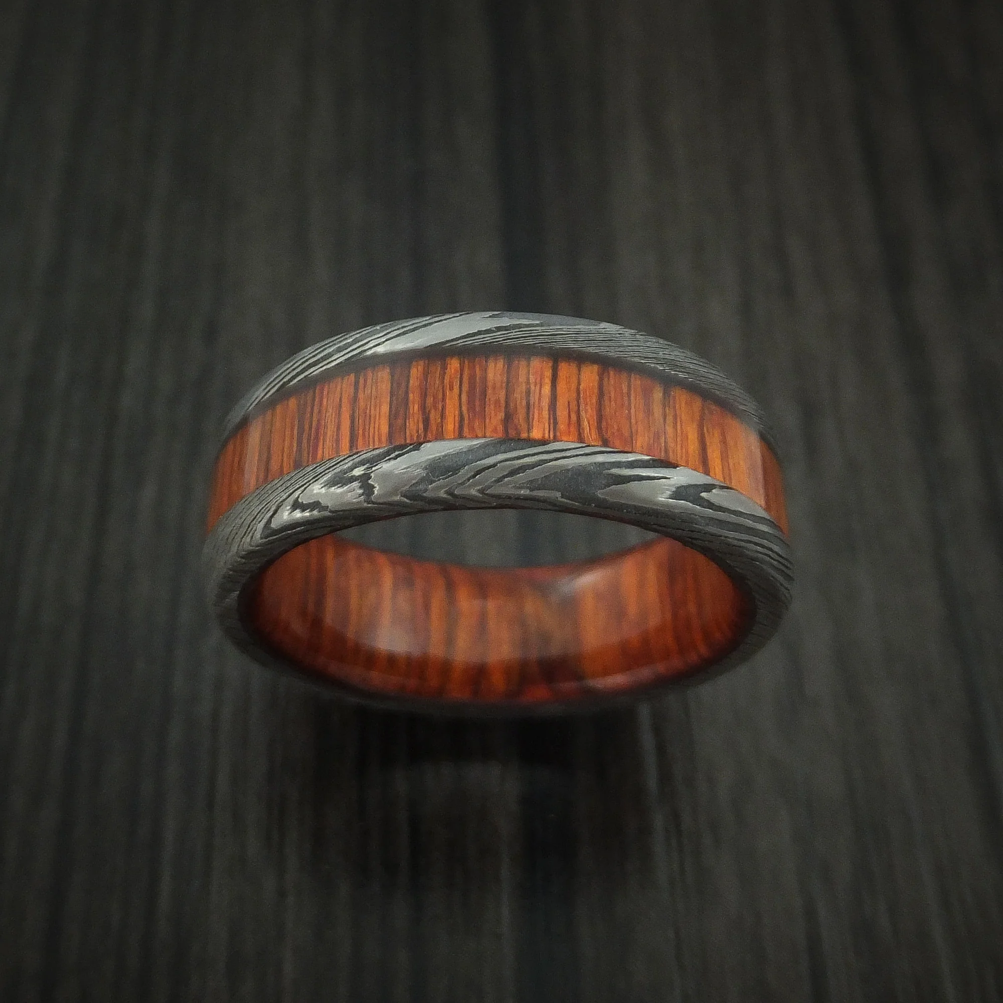 Damascus Steel Men's Ring with Cocobolo Wood Inlay and Sleeve Custom Made Thick Band - Image 2