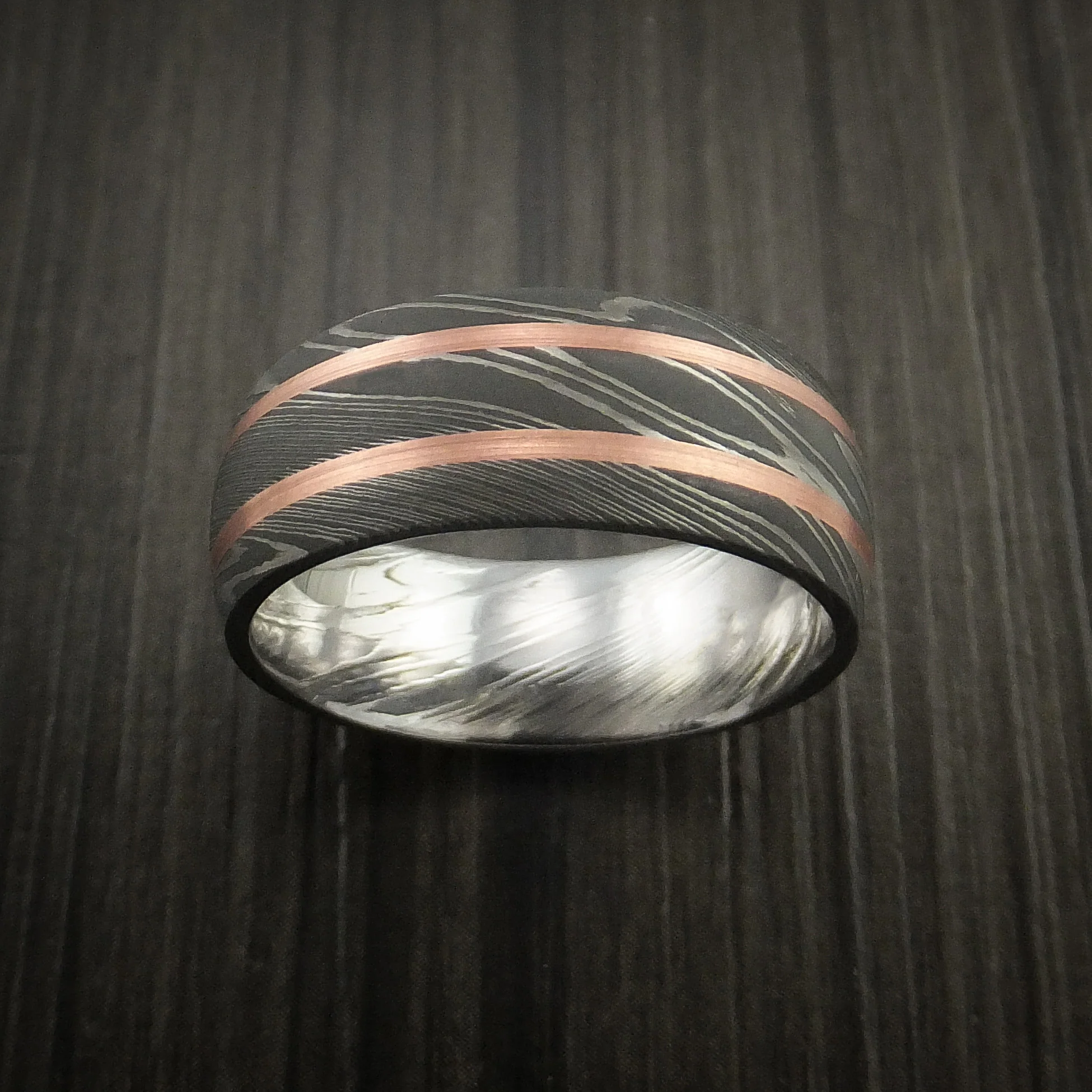 Damascus Steel Men's Ring with Copper Inlays Custom Made Band - Image 2