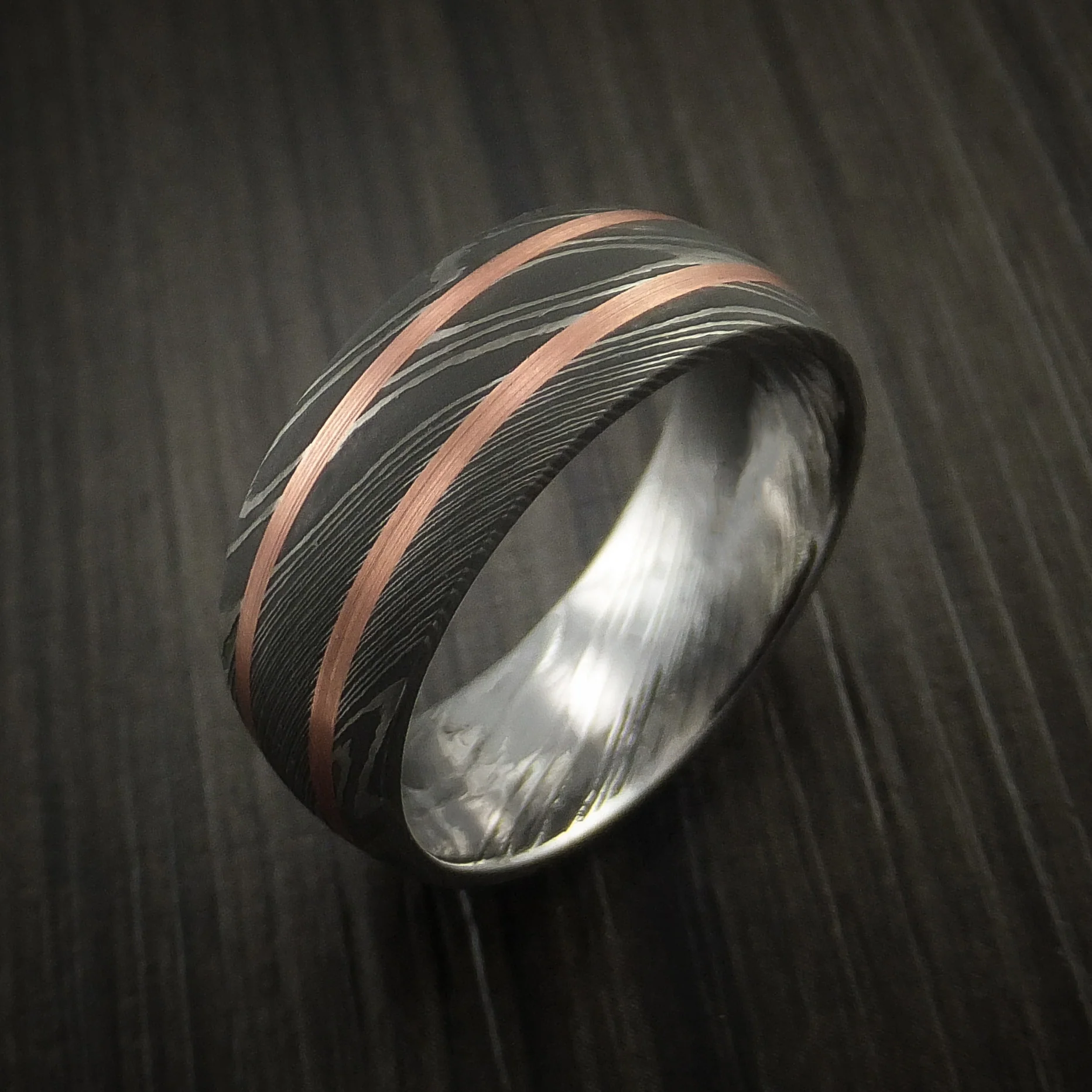 Damascus Steel Men's Ring with Copper Inlays Custom Made Band - Image 3