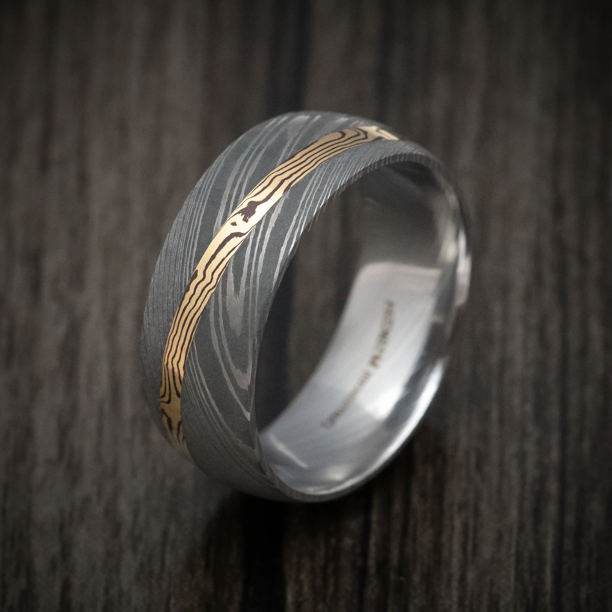 Damascus Steel Men's Ring With Diagonal Mokume Shakudo Inlay Custom Made - Image 4