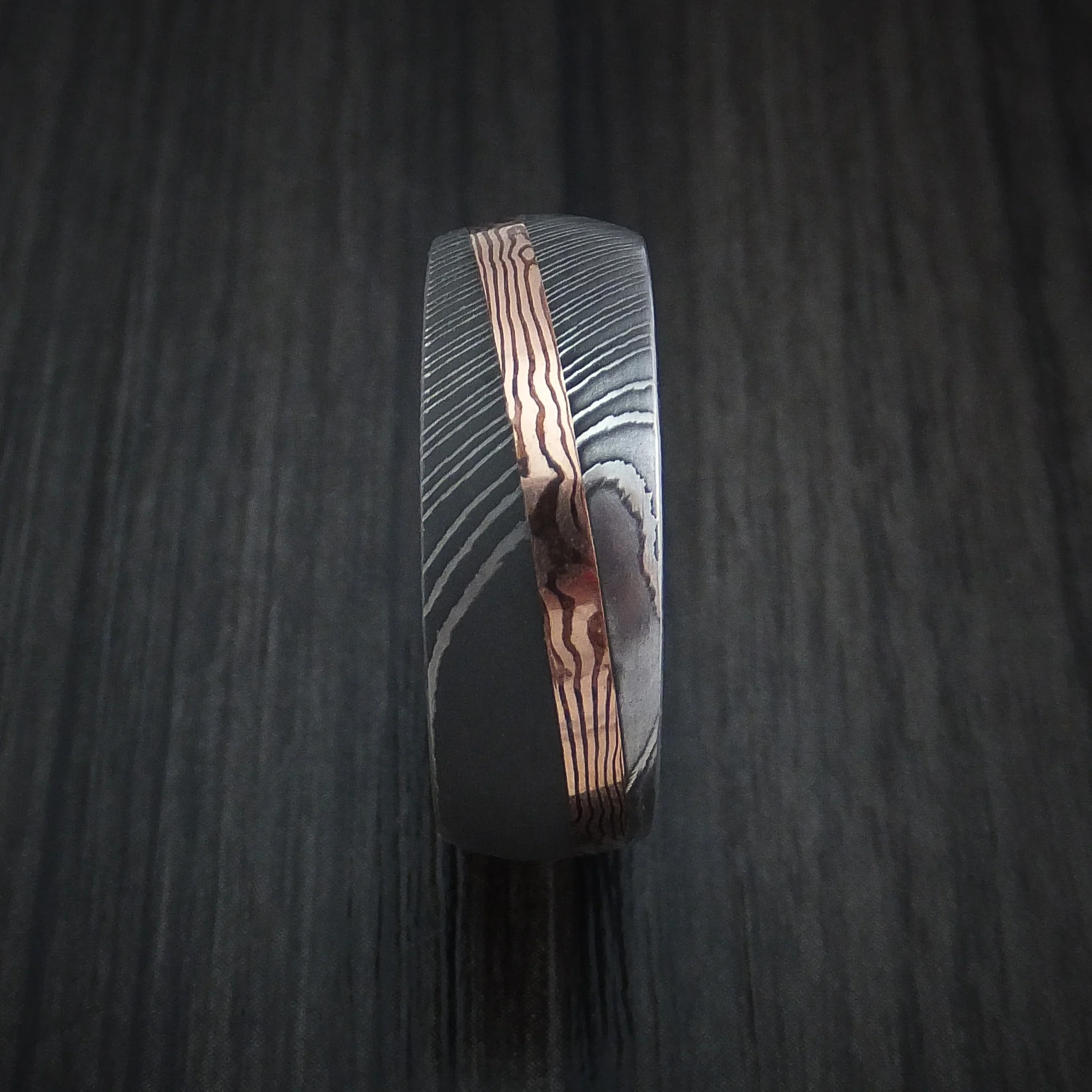 Damascus Steel Men's Ring with Diagonal Rose Gold Mokume Inlay Custom Made - Image 3