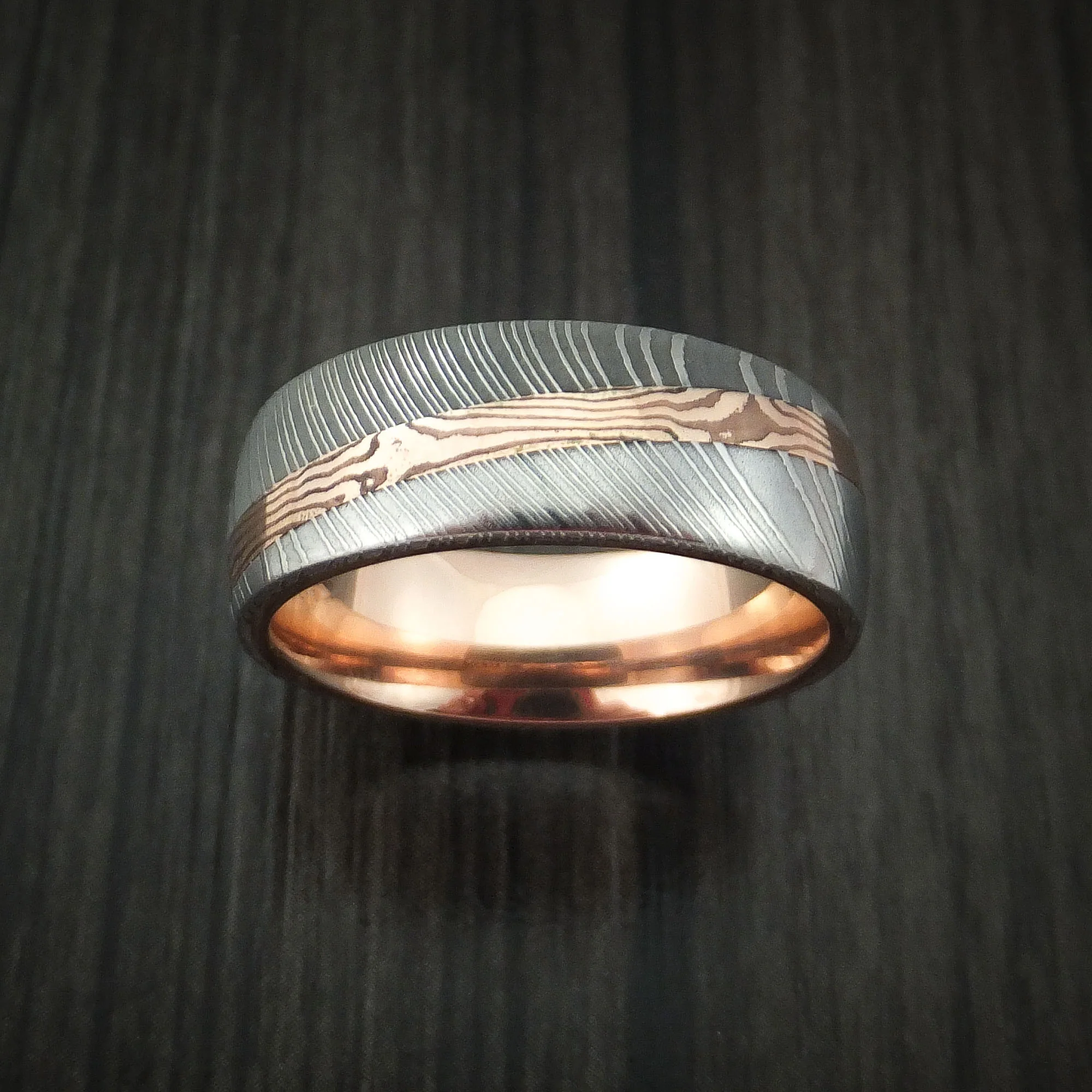 Damascus Steel Men's Ring with Diagonal Rose Gold Mokume Shakudo Inlay and Rose Gold Sleeve Custom Made - Image 2