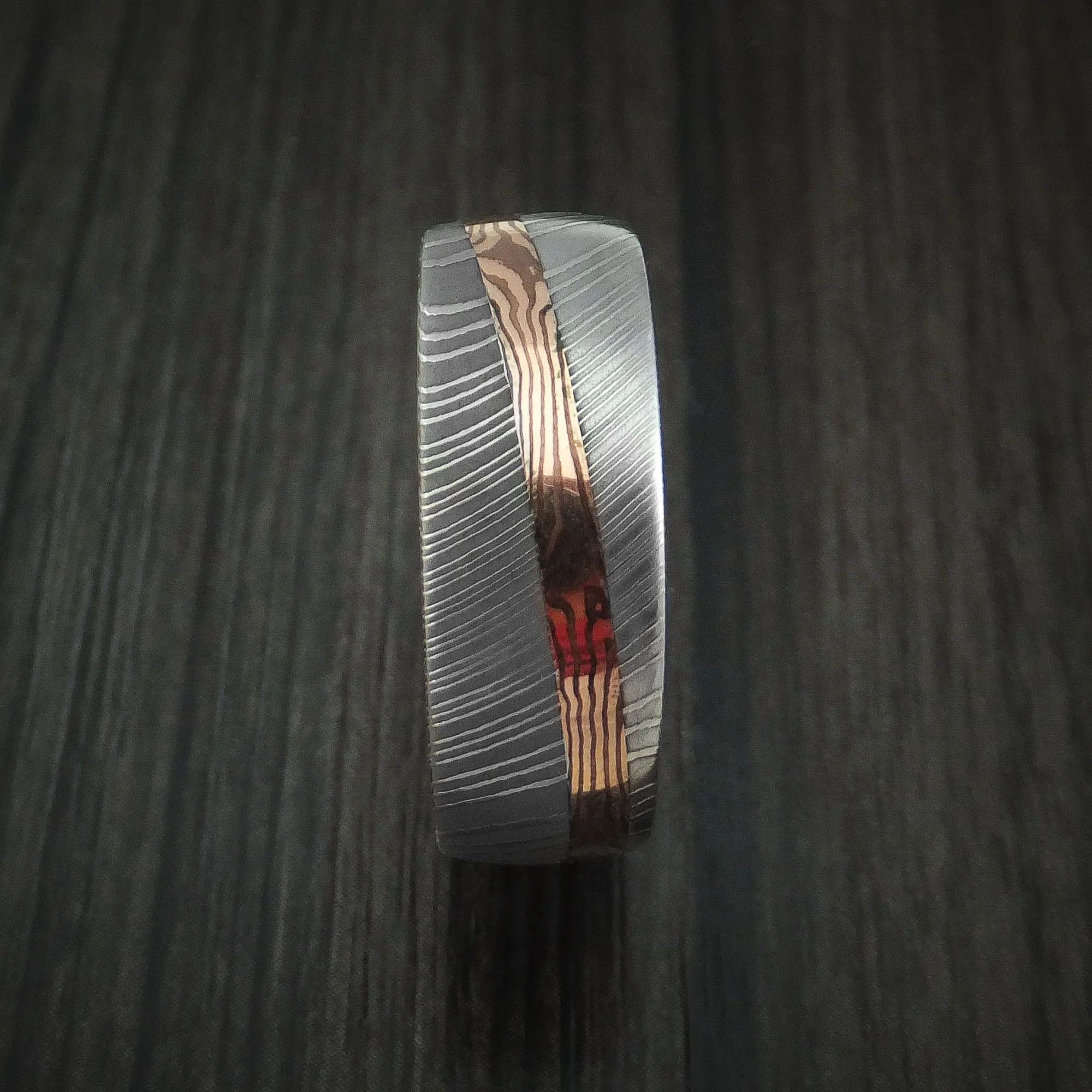 Damascus Steel Men's Ring with Diagonal Rose Gold Mokume Shakudo Inlay and Rose Gold Sleeve Custom Made - Image 3