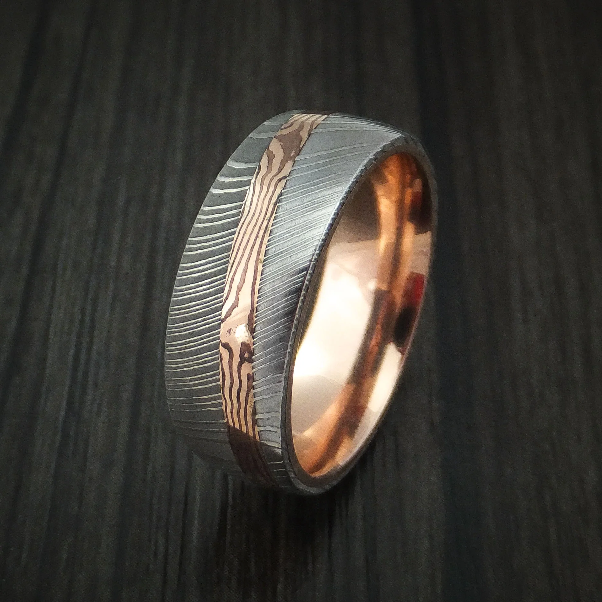 Damascus Steel Men's Ring with Diagonal Rose Gold Mokume Shakudo Inlay and Rose Gold Sleeve Custom Made - Image 4