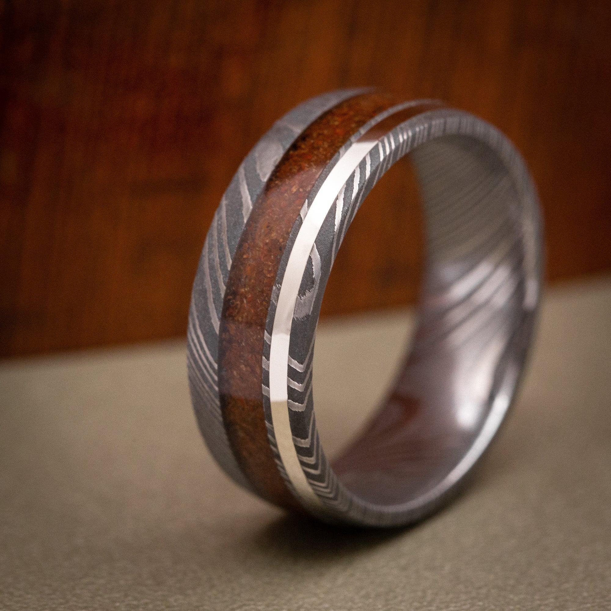 Damascus Steel Men's Ring with Dinosaur Bone and 14K Gold Inlay Custom Made Band - Image 5