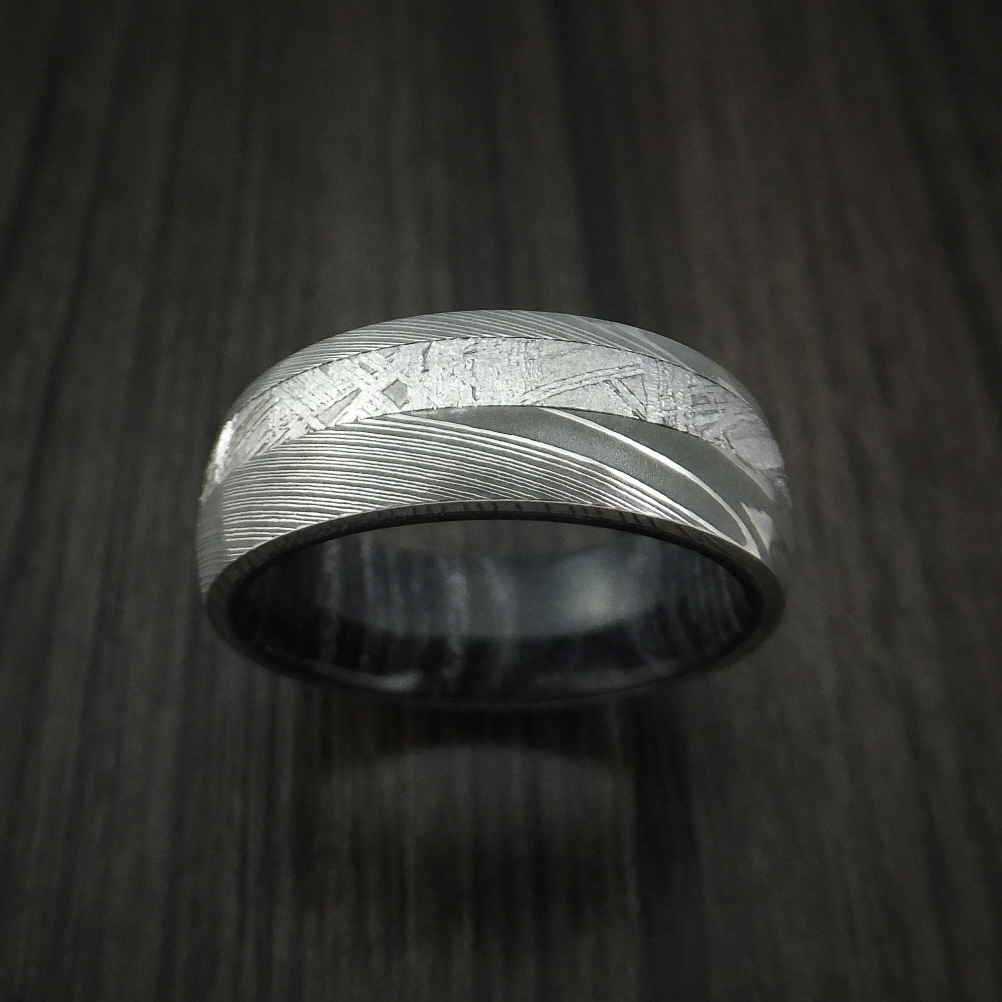 Damascus Steel Men's Ring with Gibeon Meteorite and Hardwood Sleeve Custom Made Band - Image 2