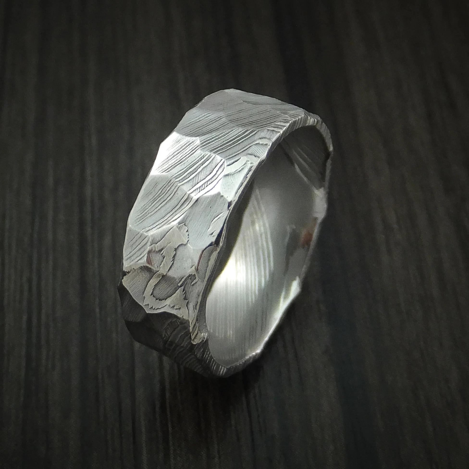 Damascus Steel Men's Ring with Hammer Rock Finish Custom Made - Image 3