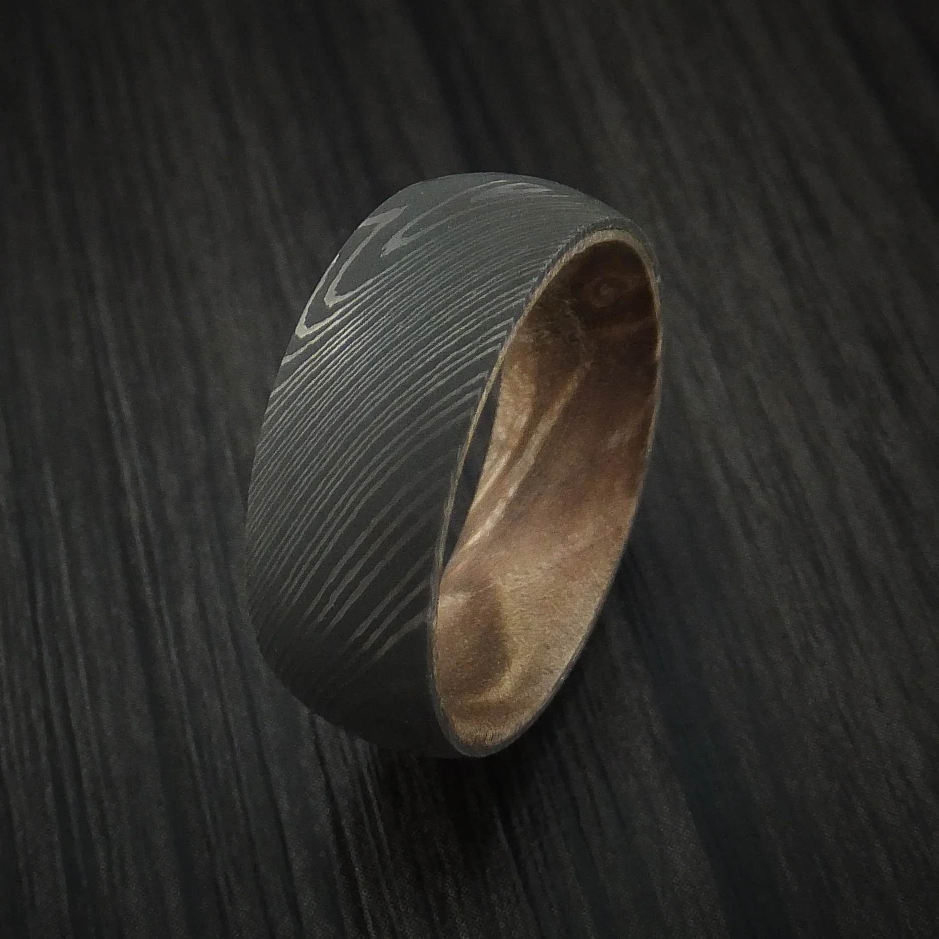 Damascus Steel Men's Ring with Hardwood Interior Sleeve Custom Made - Image 4
