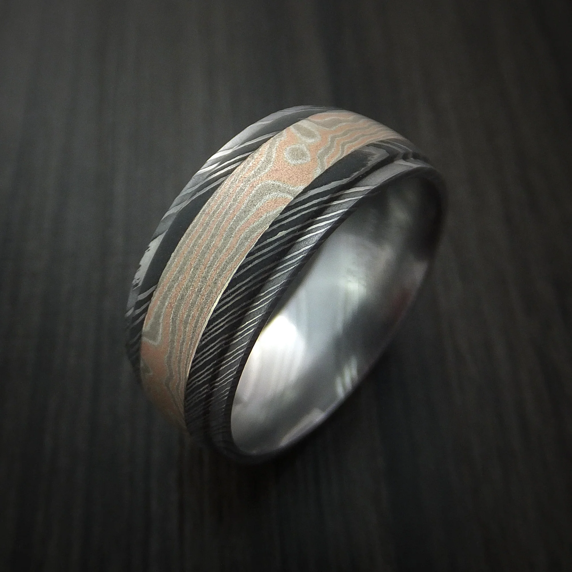 Damascus Steel Men's Ring with Mokume Gane Inlay Custom Made Band - Image 3