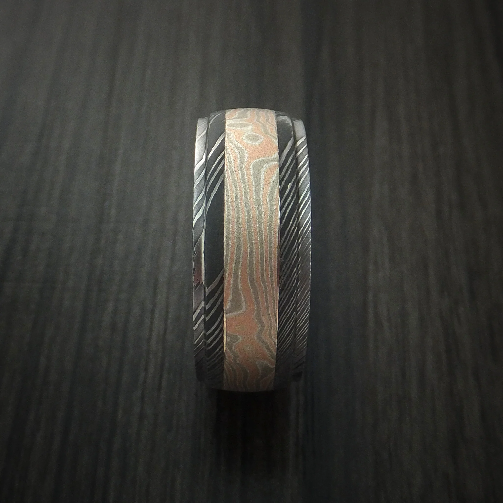 Damascus Steel Men's Ring with Mokume Gane Inlay Custom Made Band - Image 4