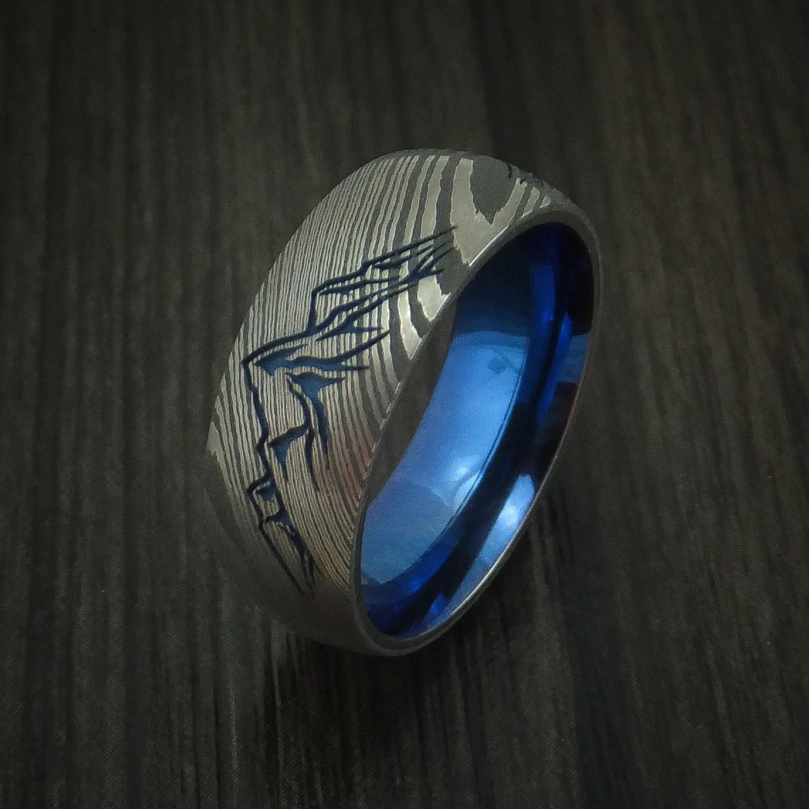Damascus Steel Men's Ring with Mountain Range and Anodized Titanium Interior Sleeve Custom Made - Image 4