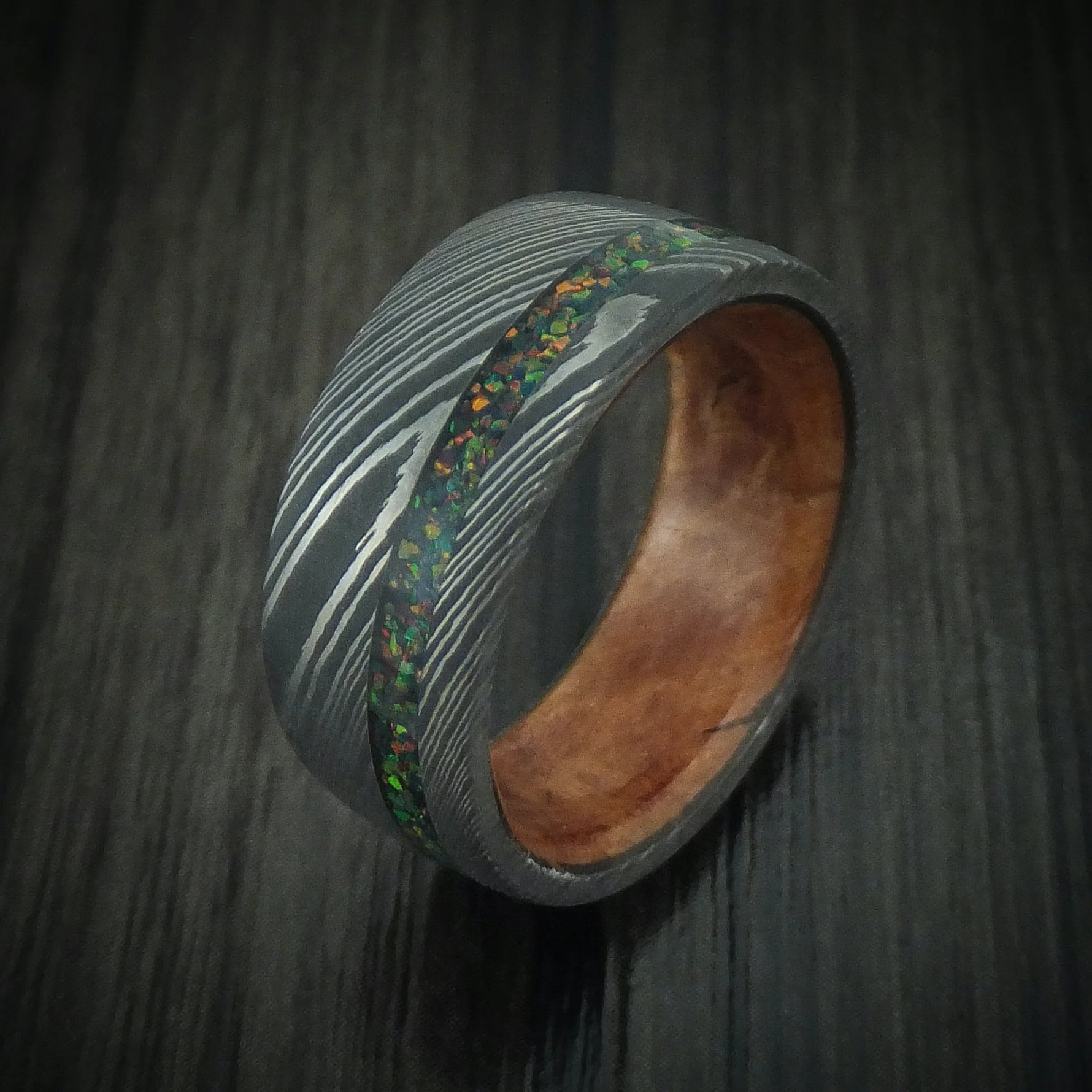 Damascus Steel Men's Ring with Opal Inlay and Wood Sleeve Custom Band - Image 4