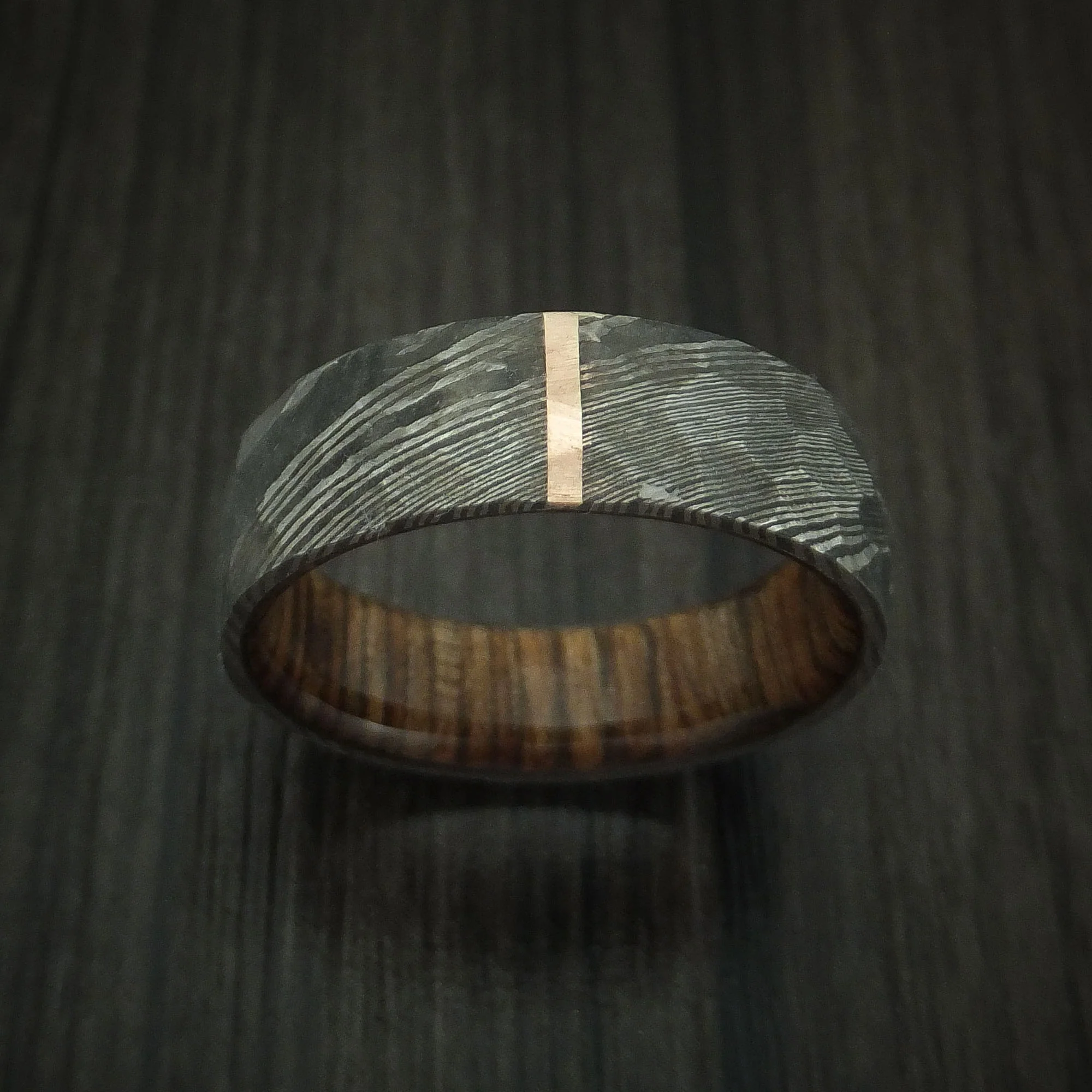 Damascus Steel Men's Ring with Rock Hammer Finish and Vertical 14k Rose Gold Inlay and Wood Sleeve Custom Made Band - Image 2