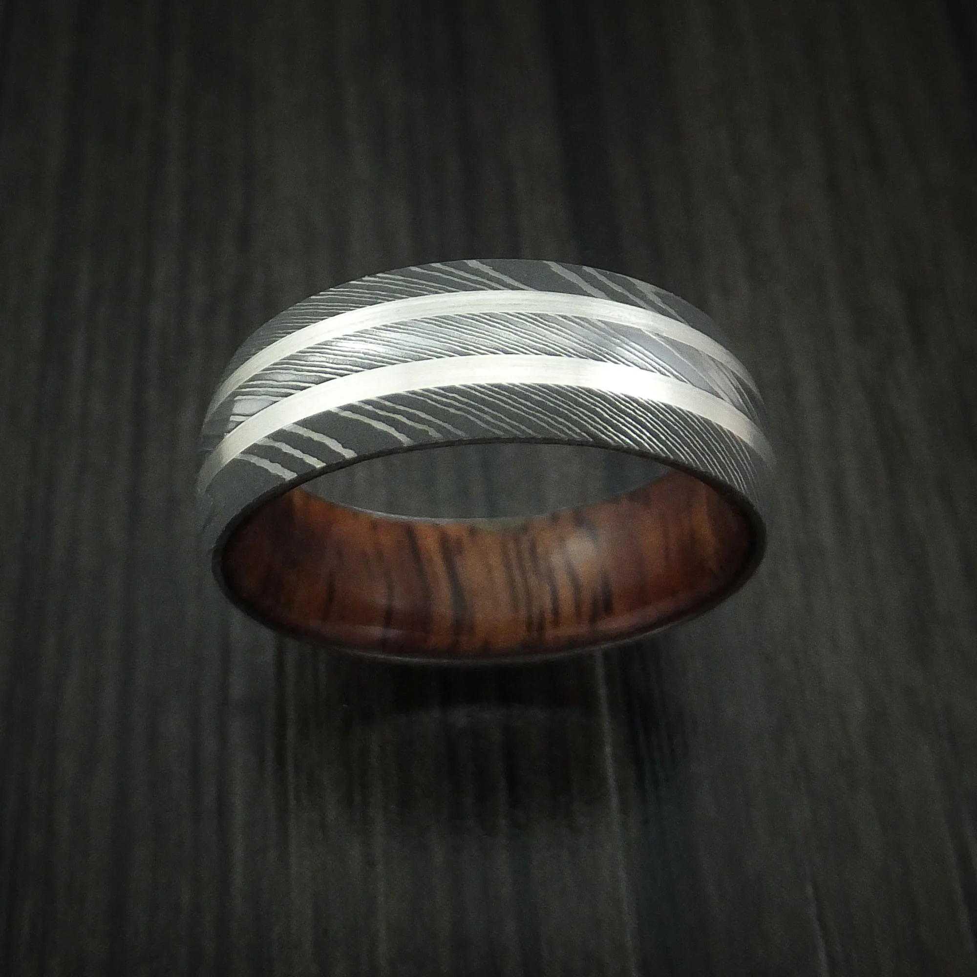Damascus Steel Men's Ring with Silver Inlays and Koa Hard Wood Sleeve - Image 2