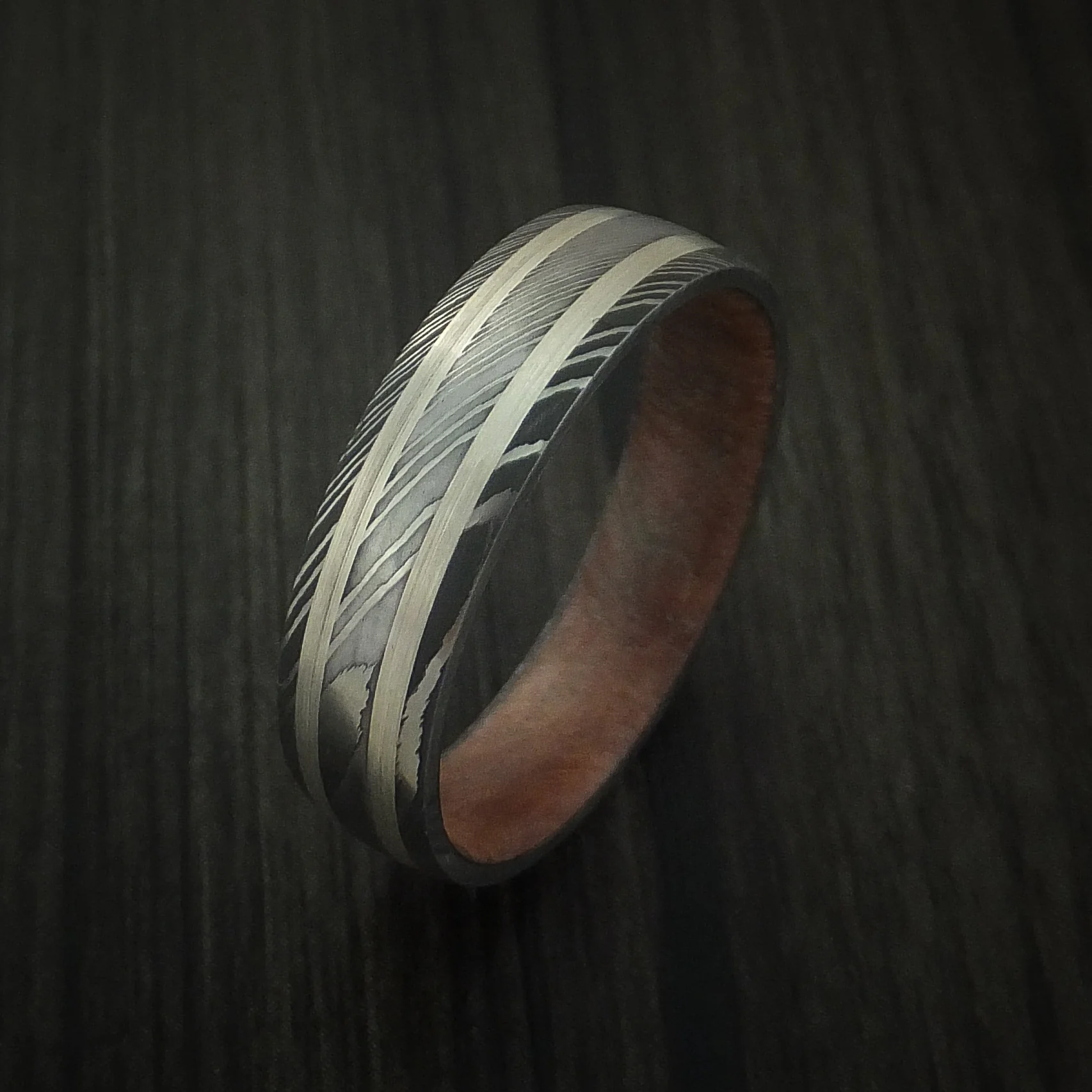 Damascus Steel Men's Ring with Silver Inlays and Hard Wood Sleeve - Image 3