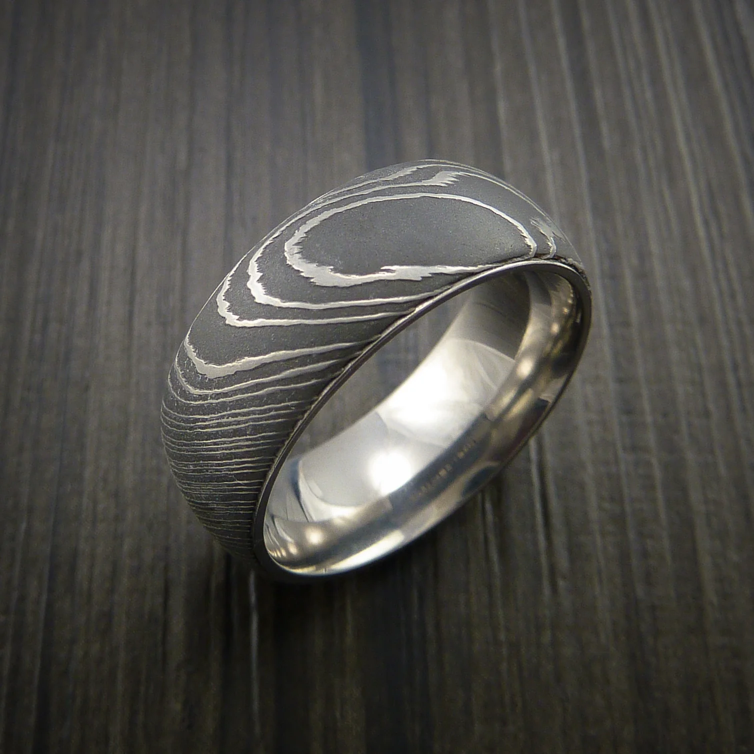 Damascus Steel Men's Ring with Titanium Band inside Sleeve - Image 4