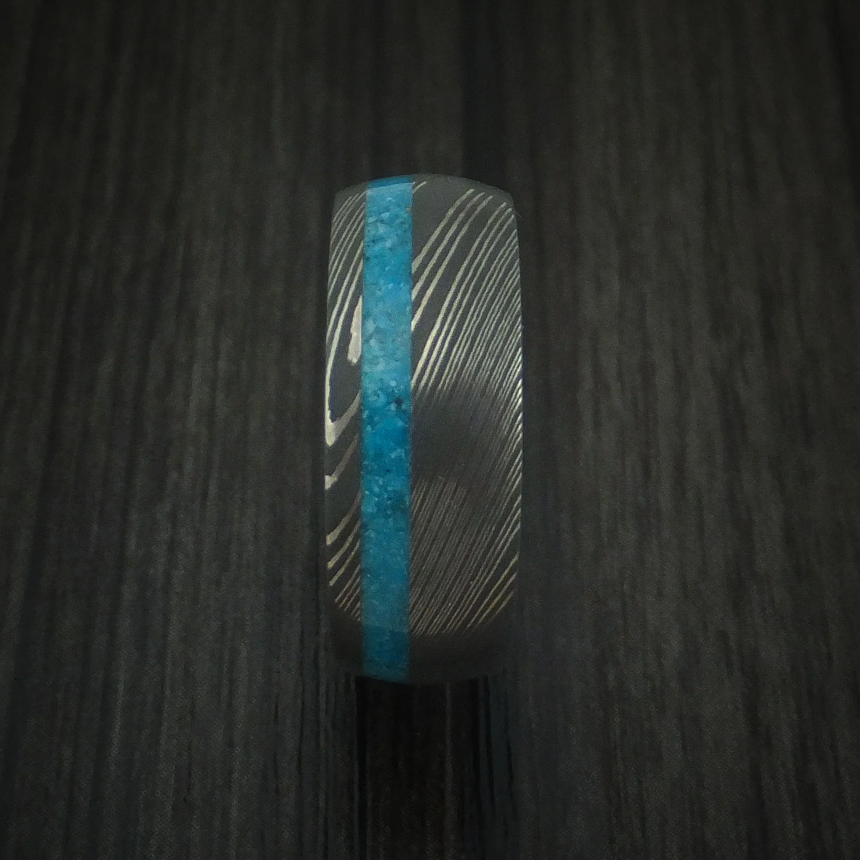 Damascus Steel Men's Ring with Turquoise Inlay Custom Made Band - Image 3