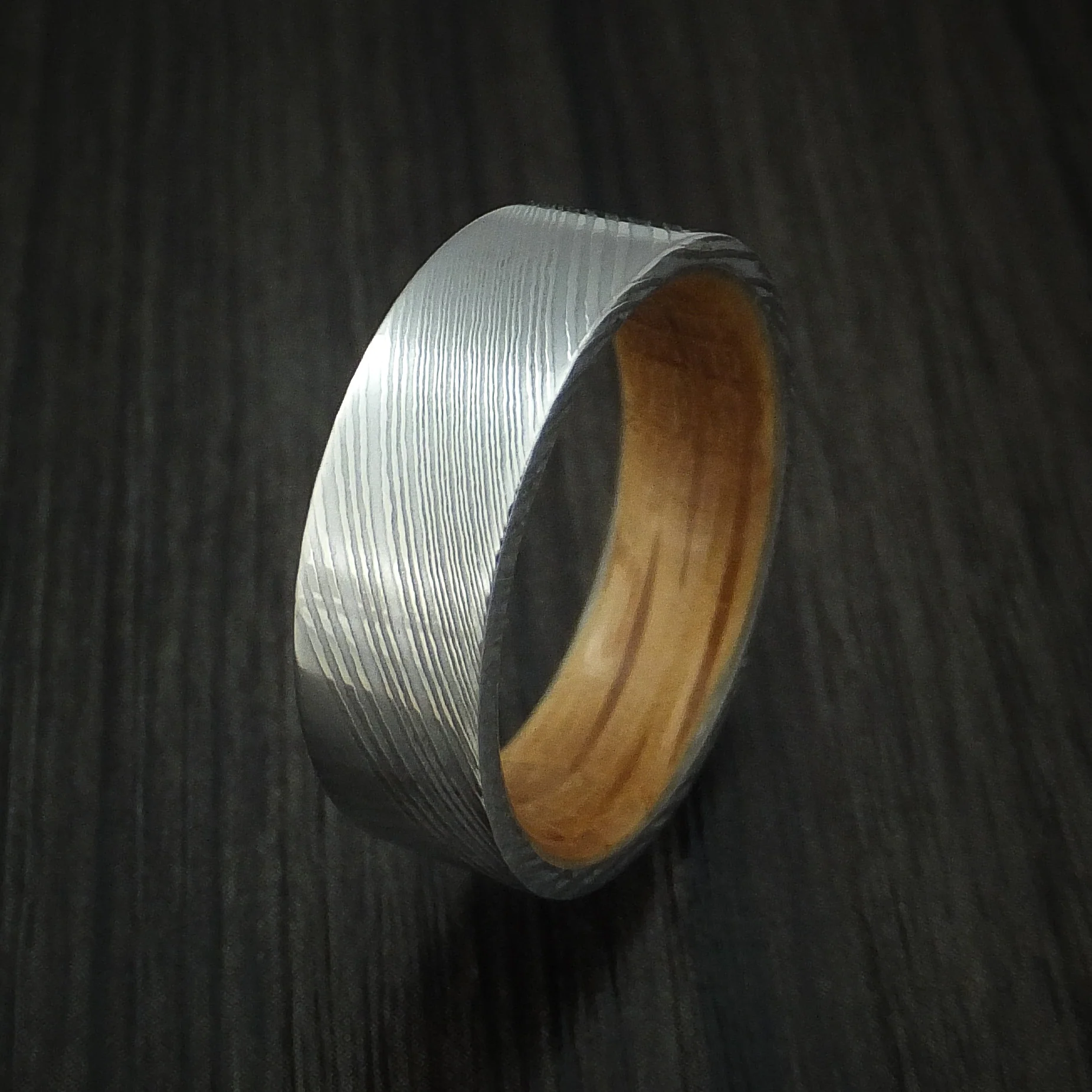 Damascus Steel Men's Ring with Hardwood Sleeve Custom Made - Image 4