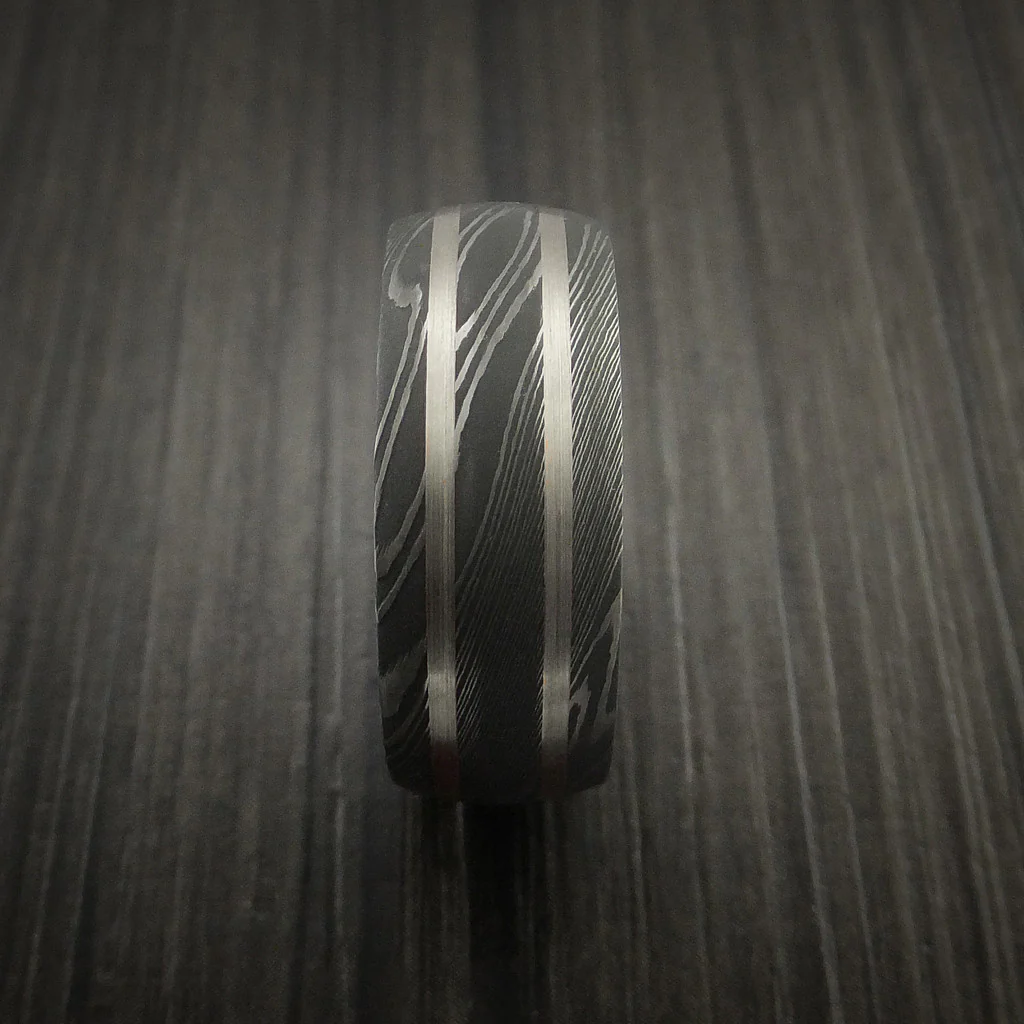Damascus Steel Men's Ring with White Gold Inlays Custom Made Band - Image 4