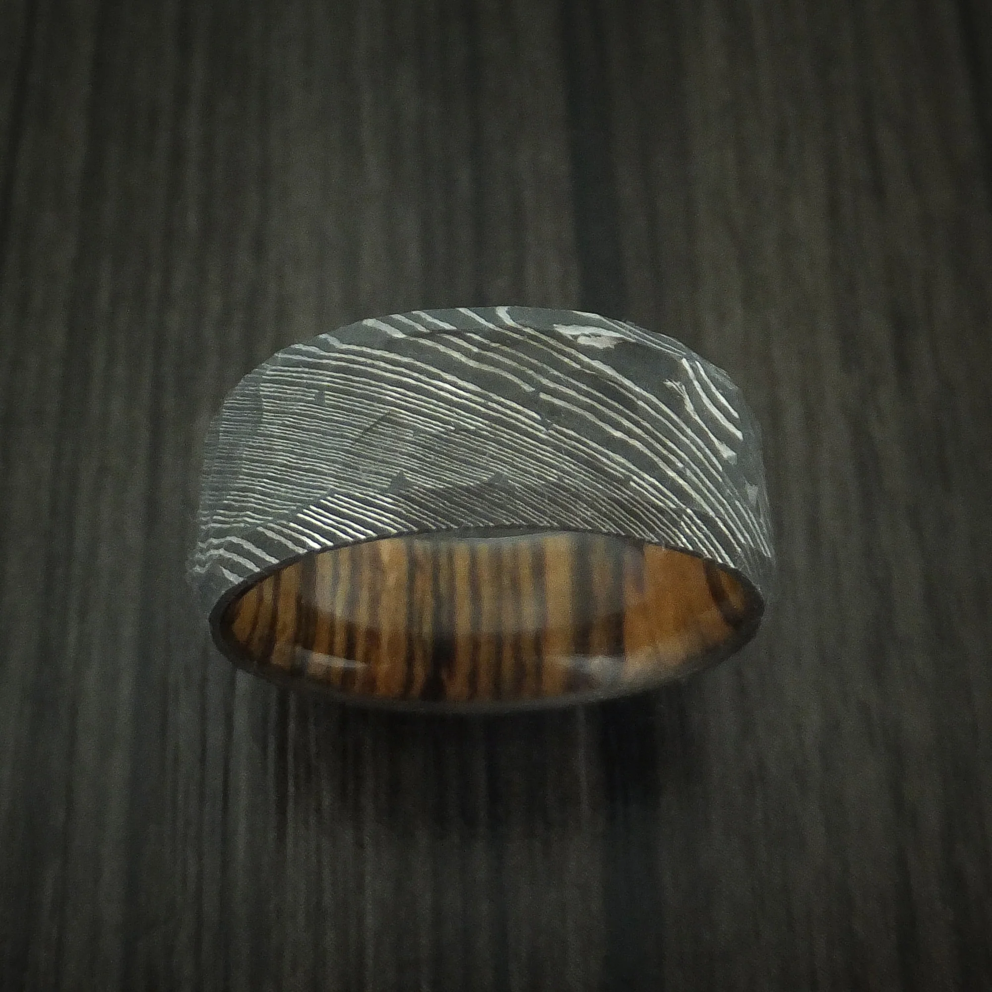 Damascus Steel Rock Hammer Men's Ring with Bocote Wood Sleeve Custom Made - Image 2